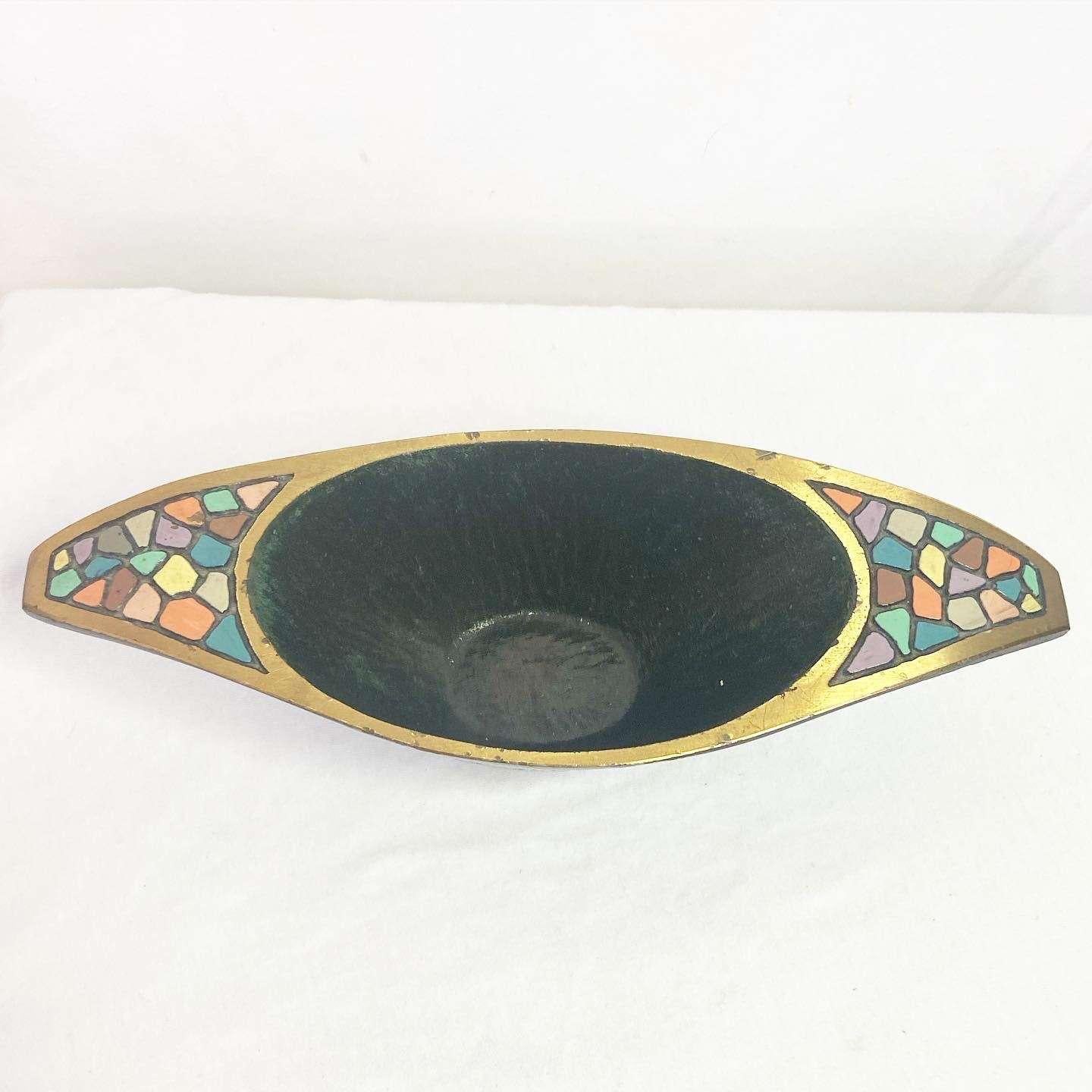 Exceptional vintage Israeli brass dish. Features a colorful enameled accent.
