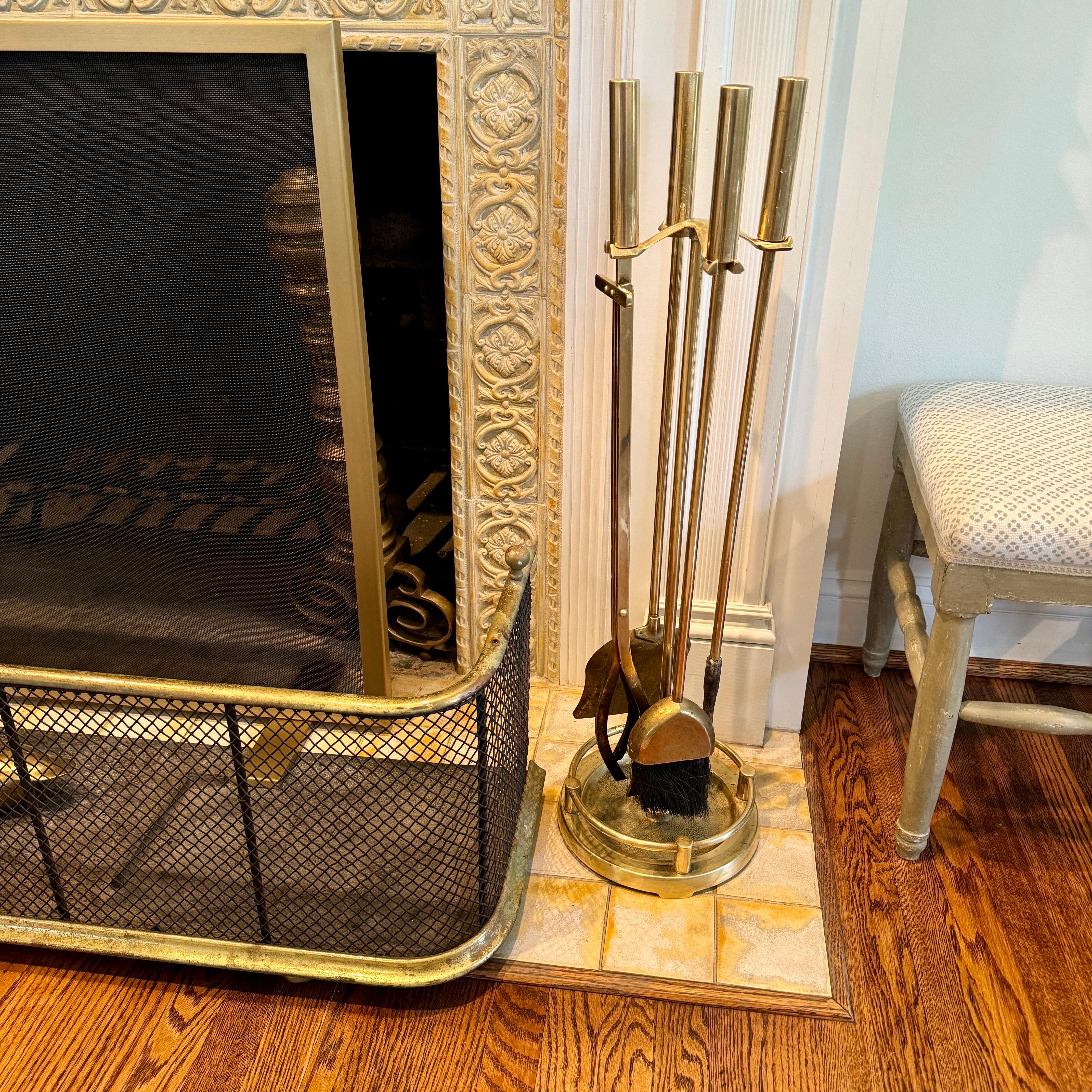 Mid-Century Modern Solid Brass Fireplace Tools on Stand For Sale 4