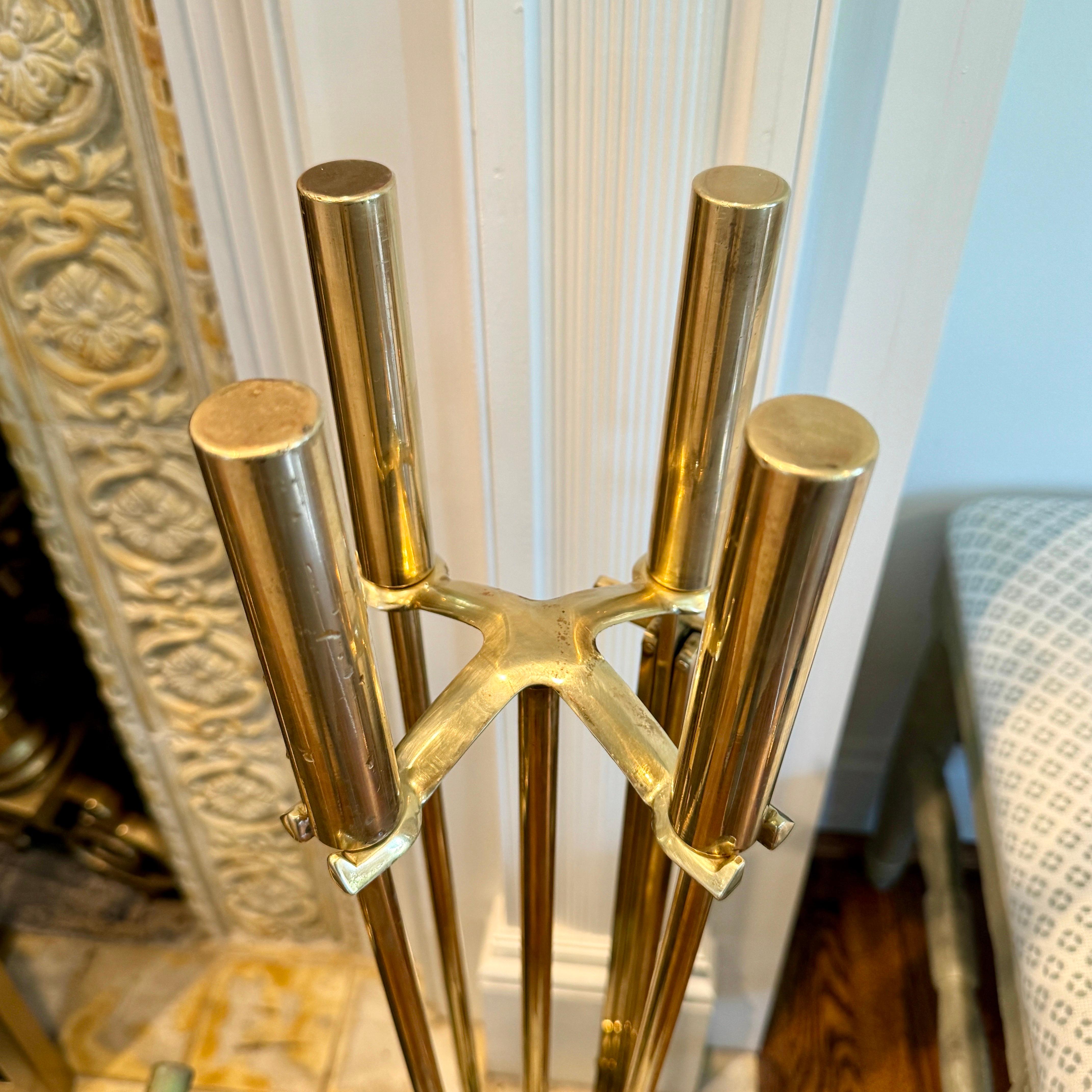 Mid-Century Modern Solid Brass Fireplace Tools on Stand For Sale 6