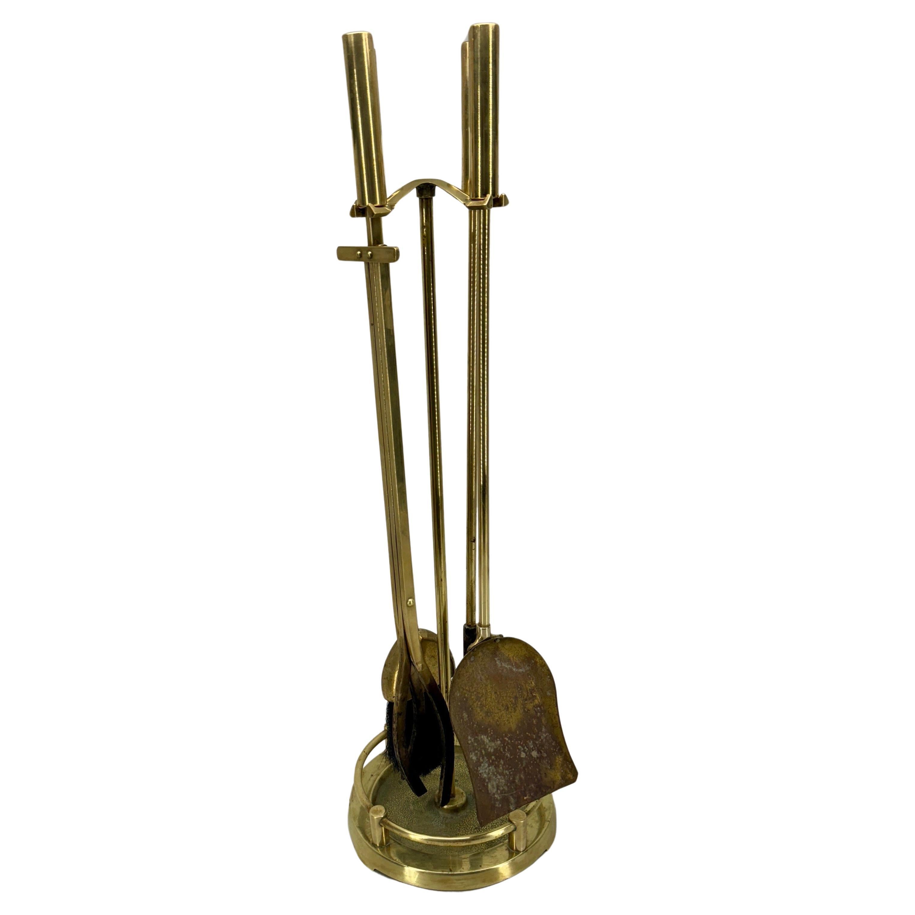 American Mid-Century Modern Solid Brass Fireplace Tools on Stand For Sale