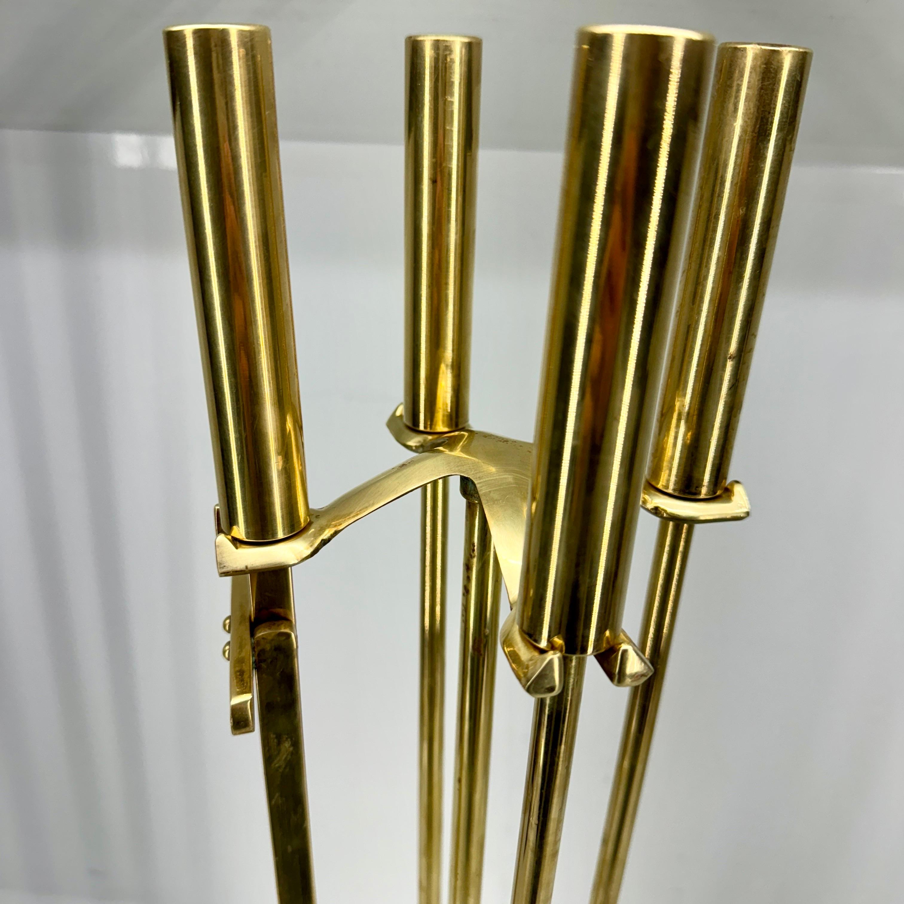 Hand-Crafted Mid-Century Modern Solid Brass Fireplace Tools on Stand For Sale