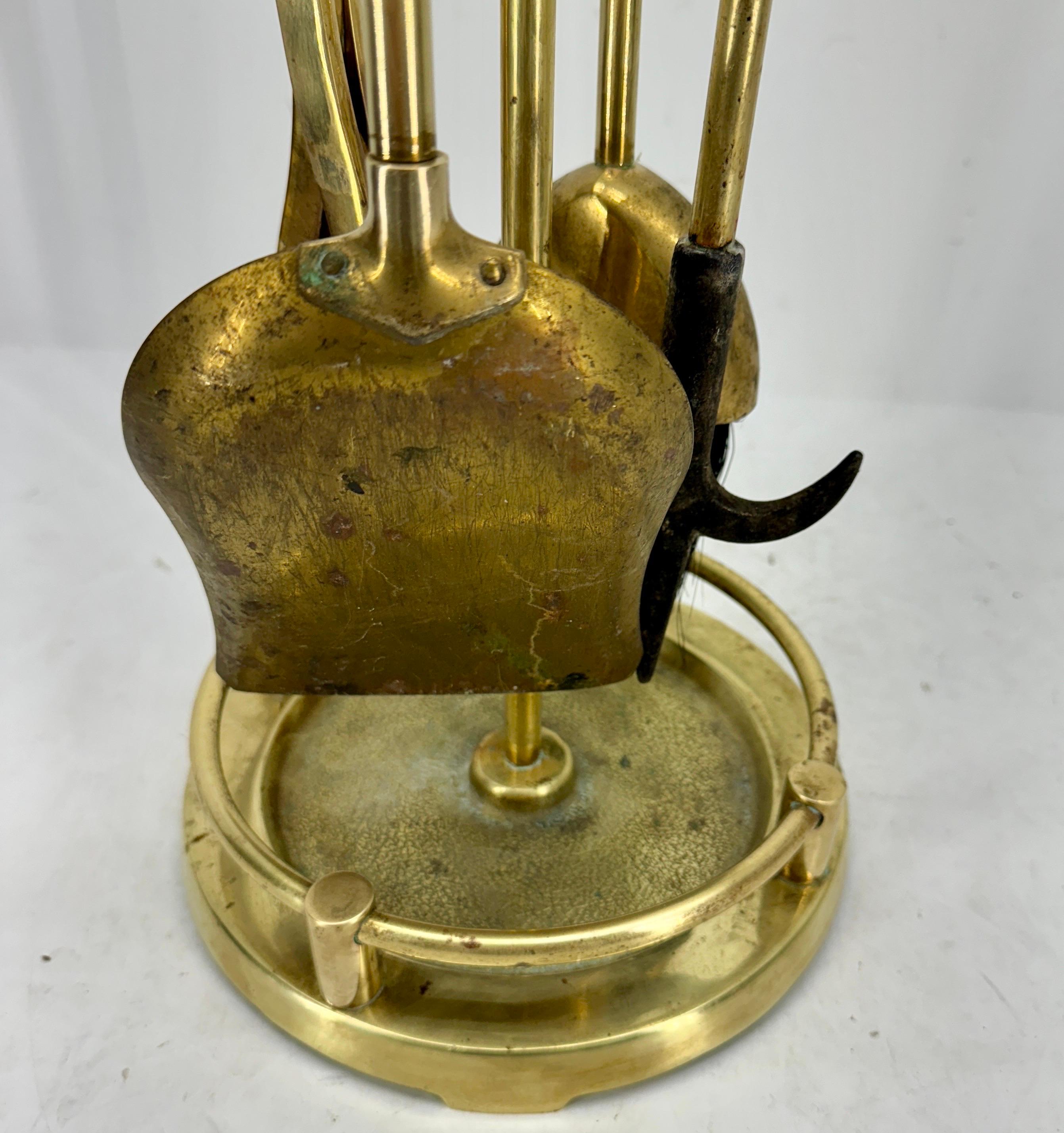 20th Century Mid-Century Modern Solid Brass Fireplace Tools on Stand For Sale