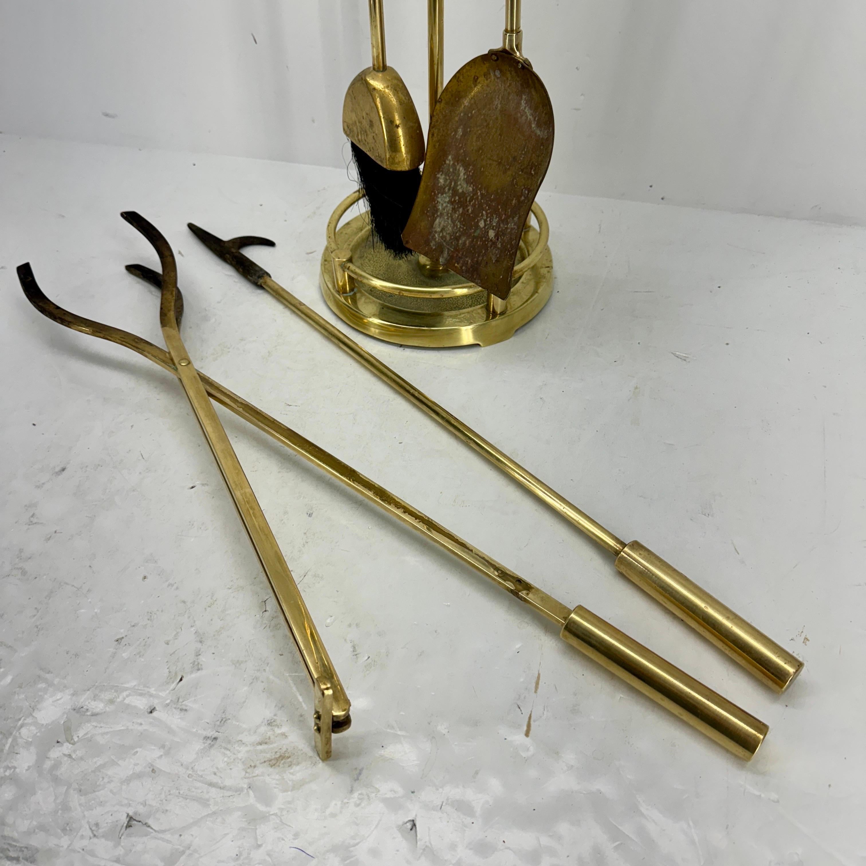Mid-Century Modern Solid Brass Fireplace Tools on Stand For Sale 2