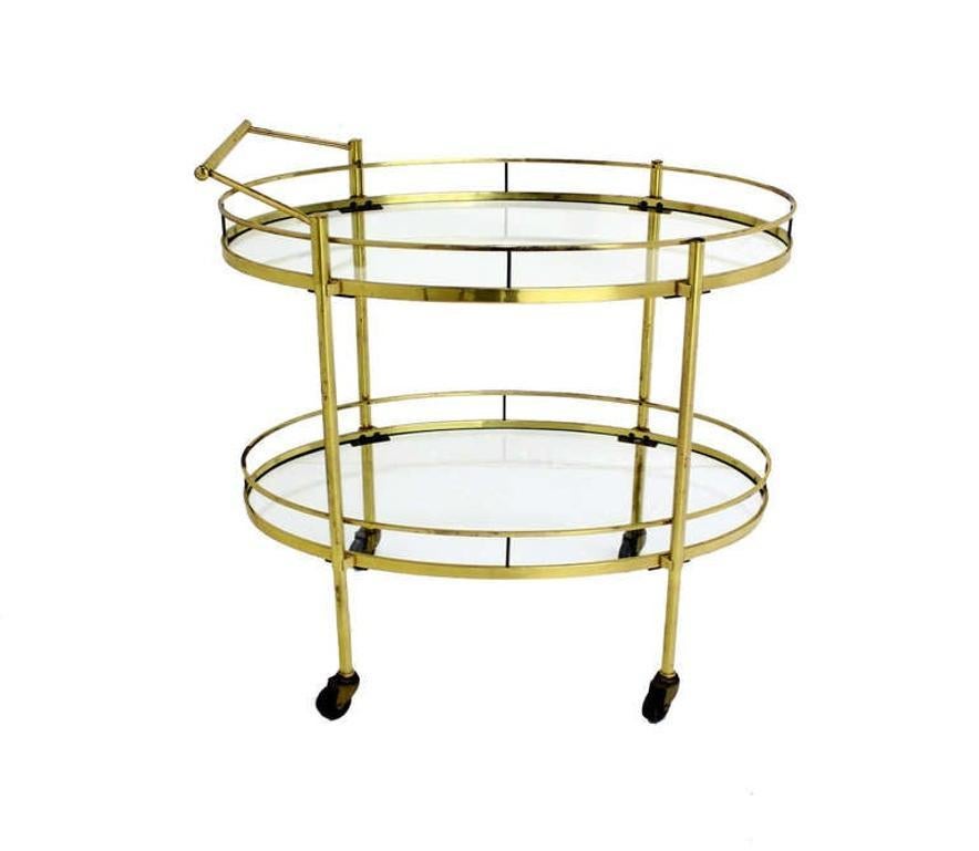 Italian Mid Century Modern Solid Brass Oval Tea Cart Rolling Bar For Sale