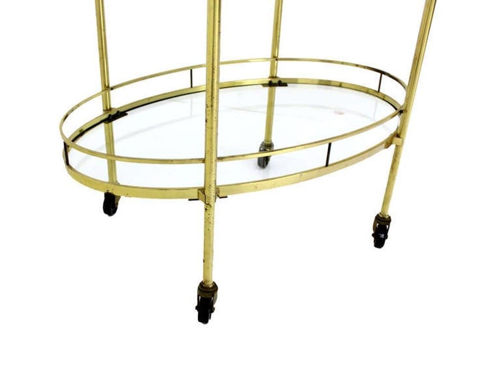 Polished Mid Century Modern Solid Brass Oval Tea Cart Rolling Bar For Sale