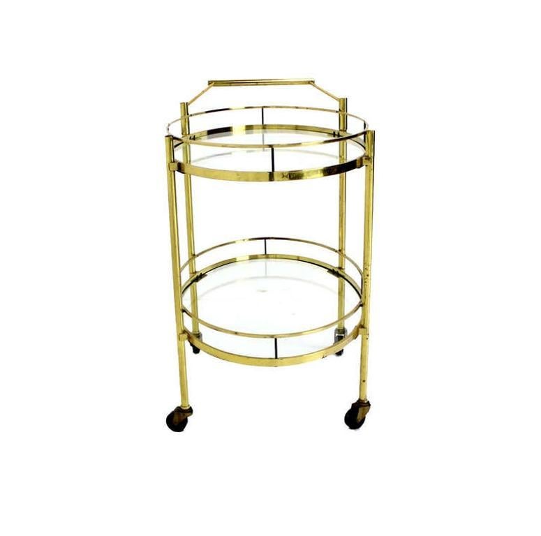 Mid Century Modern Solid Brass Oval Tea Cart Rolling Bar In Good Condition For Sale In Rockaway, NJ