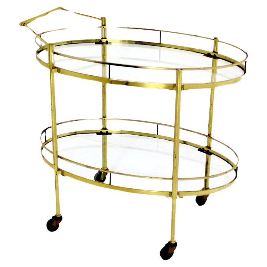 Mid Century Modern Solid Brass Oval Tea Cart Rolling Bar For Sale