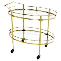 Mid Century Modern Solid Brass Oval Tea Cart Rolling Bar