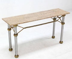 Mid Century Modern Solid Brass "Rope" Chrome Base Marble Top Console Sofa Table