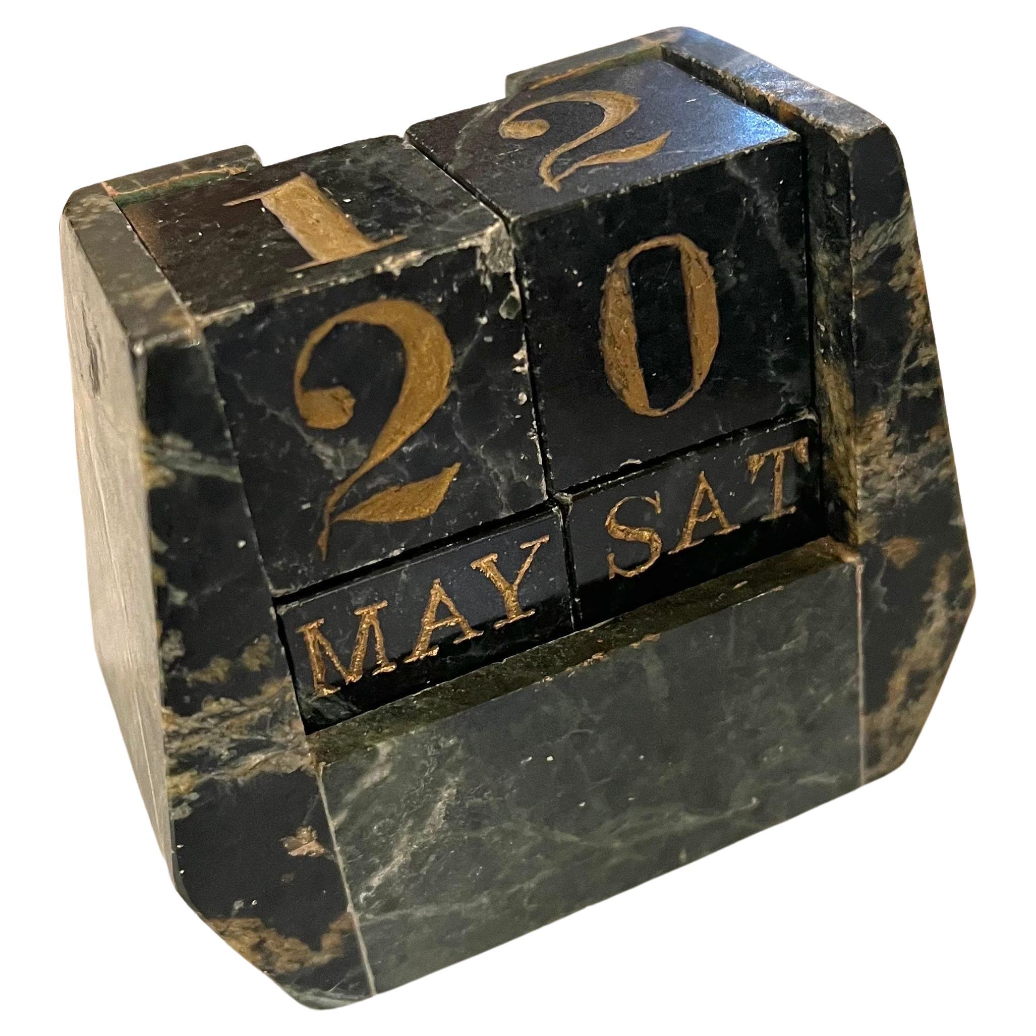 Handcrafted unique rare perpetual calendar circa 1970's solid green marble with gold numbers days and months, great design, and craftsmanship some of the lettering it's faded due to age but gives character.