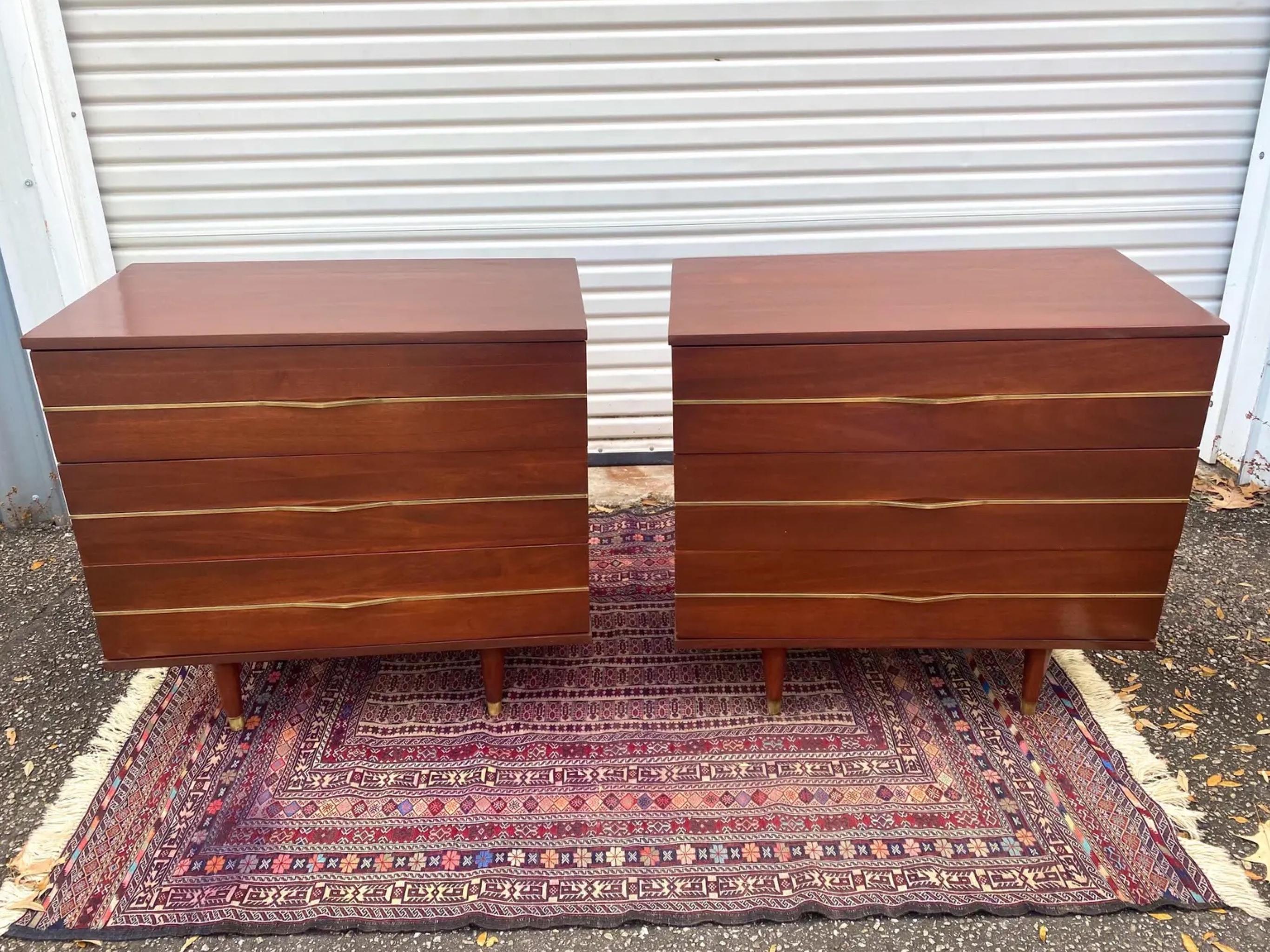 Mid-20th Century Mid-Century Modern Solid Mahogany and Brass Commode Chests, a Pair