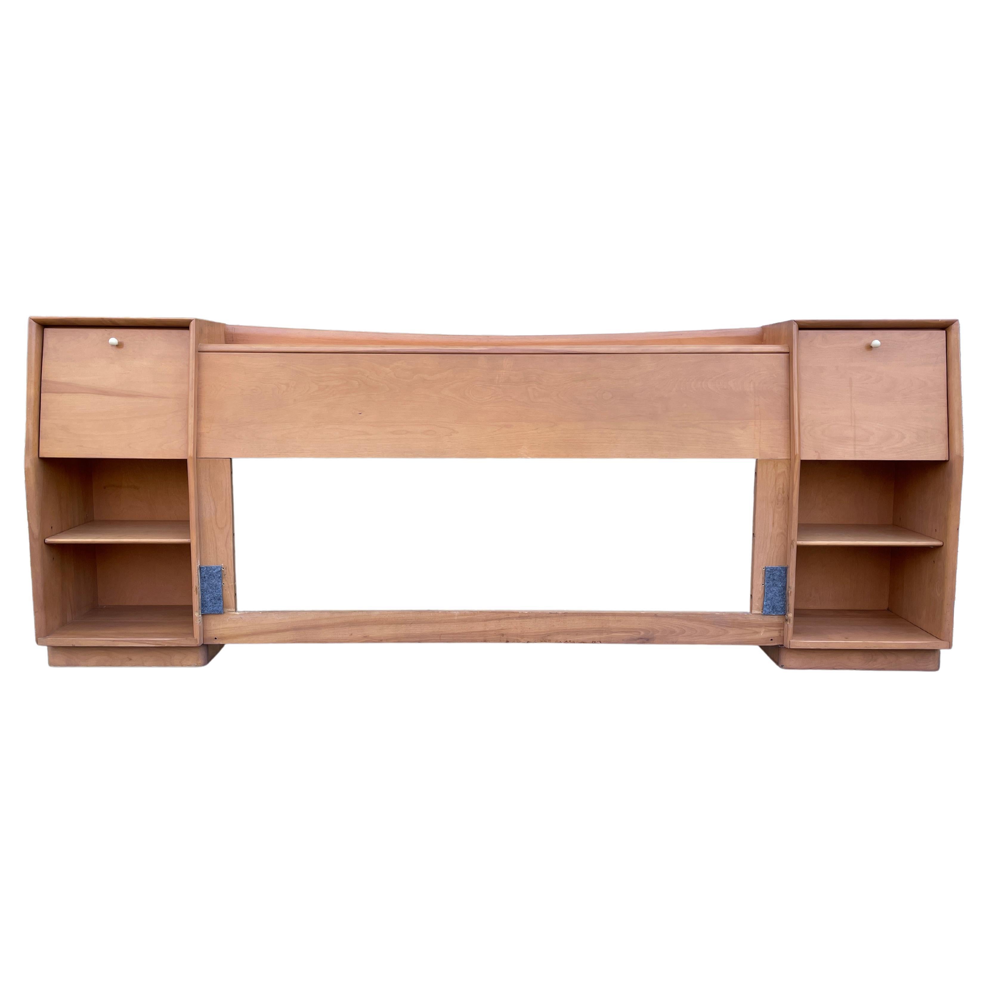 Mid-Century Modern Solid Maple Full Size Headboard with Nightstands Shelves For Sale