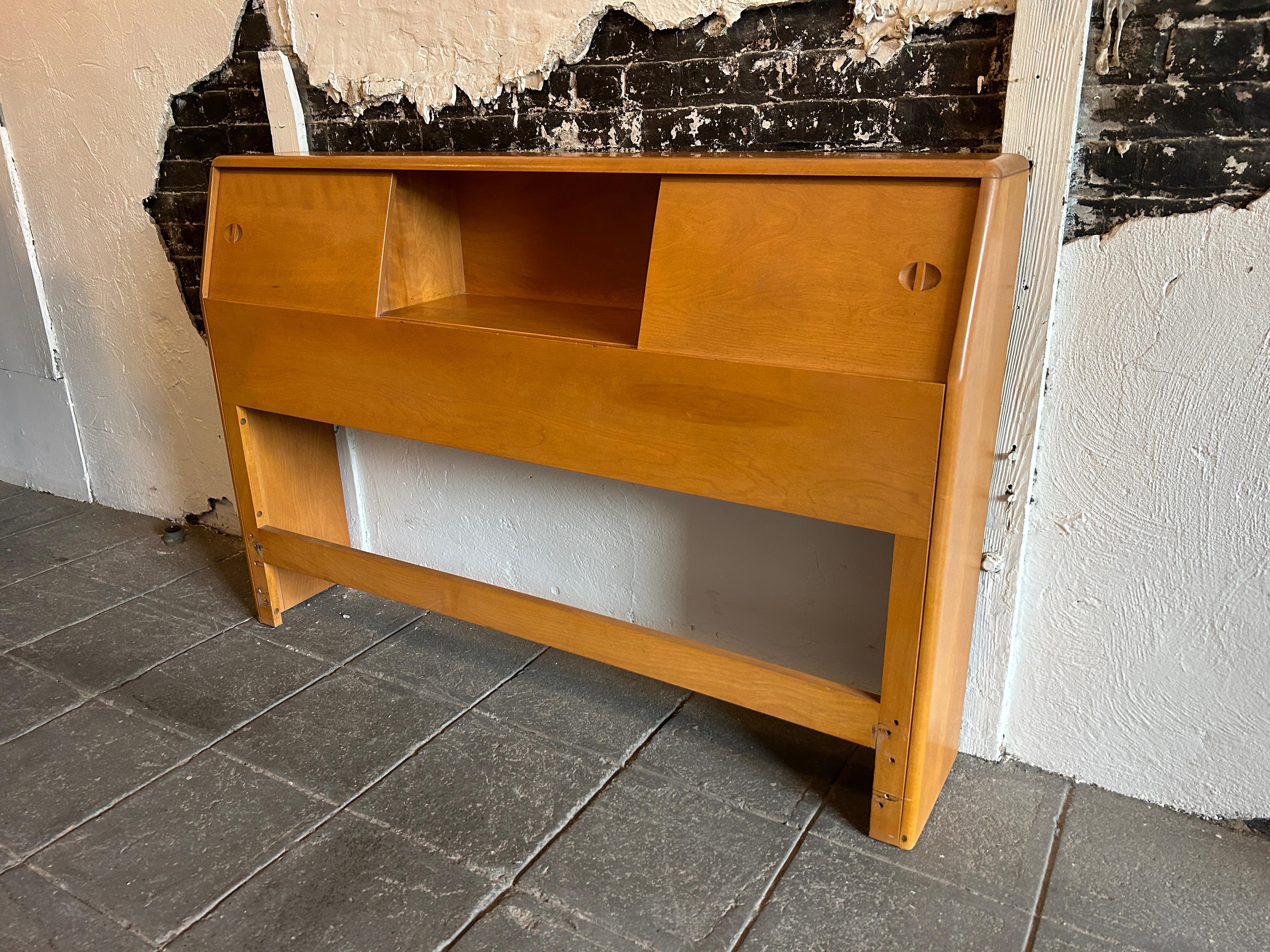 American Mid-Century Modern Solid Maple Full Size Headboard with Sliding Doors Heywood For Sale