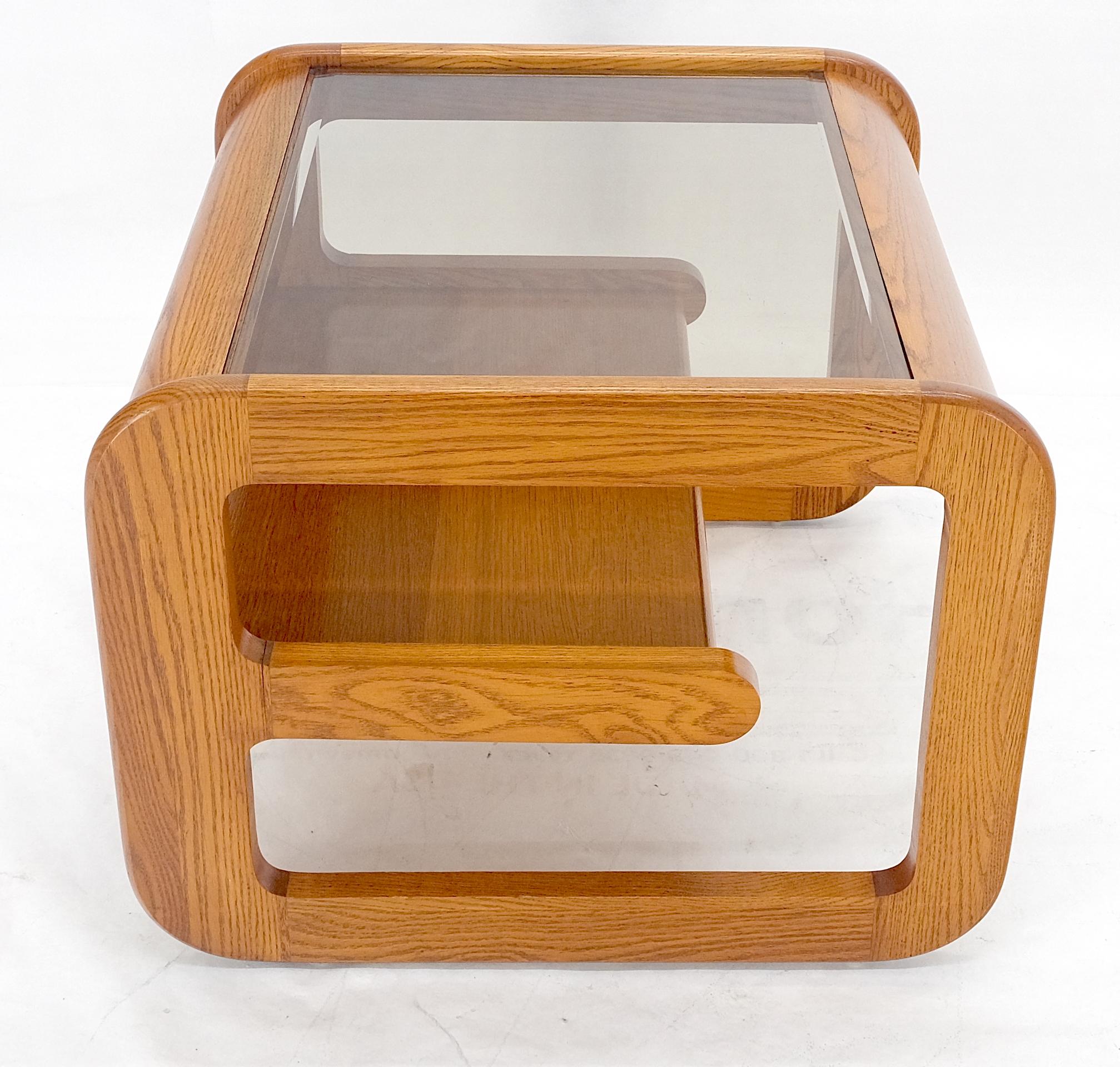 American Mid Century Modern Solid Oak Beveled Glass Top Shelf End Side Table Mint!