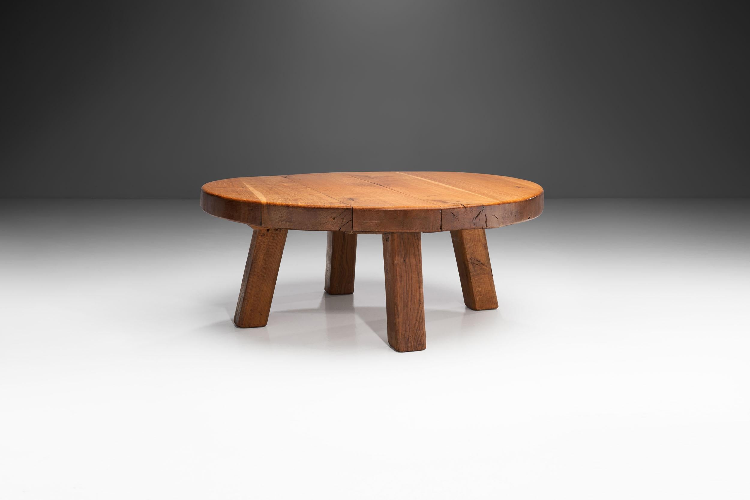 In Scandinavian mid-century design, there was an early emphasis on wood as it connected everyday objects, such as furniture to nature. This rustic, solid oak coffee table is a perfect example of this sentiment, and the visual benefits of an
