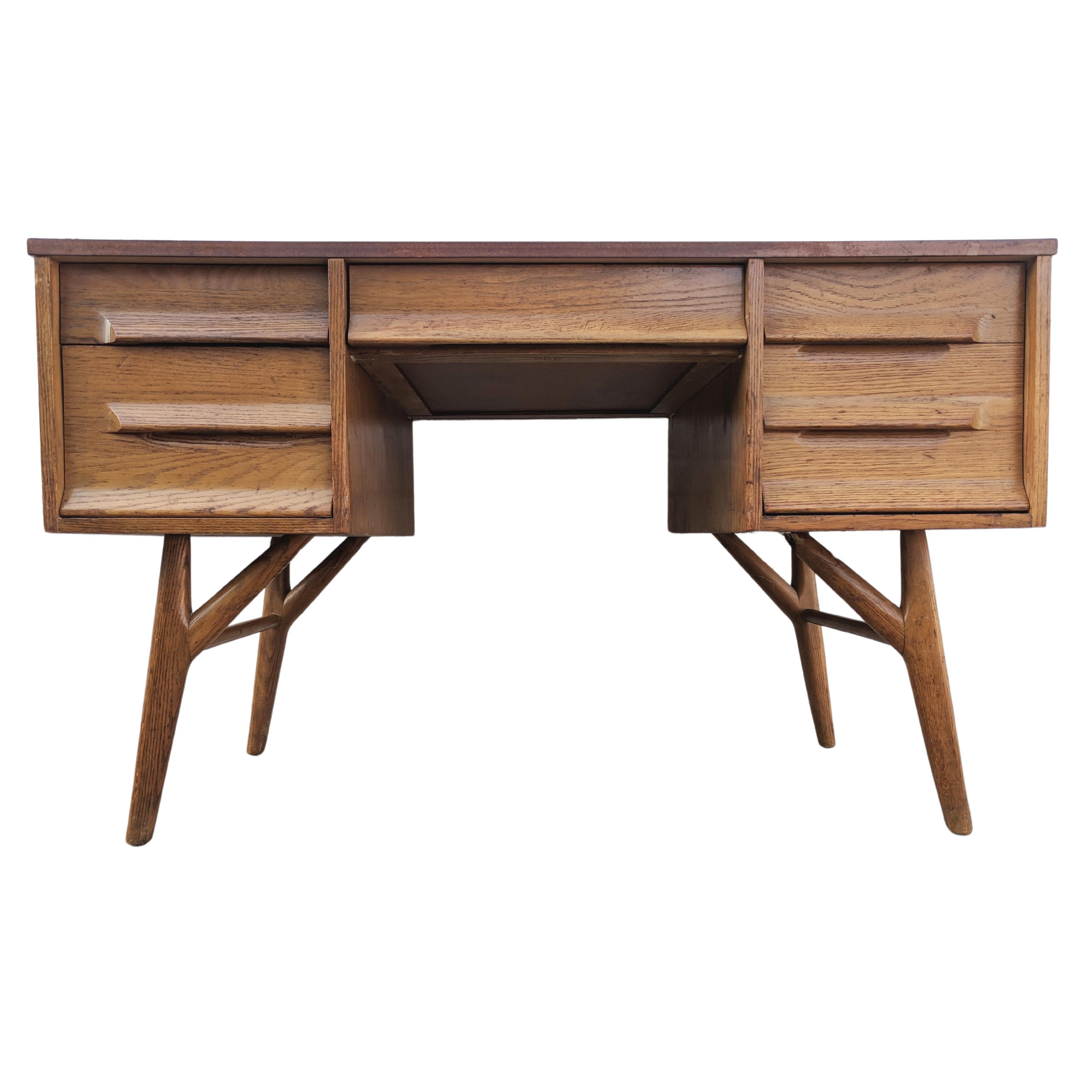 Mid Century Modern Solid Oak Desk with Laminate Top For Sale