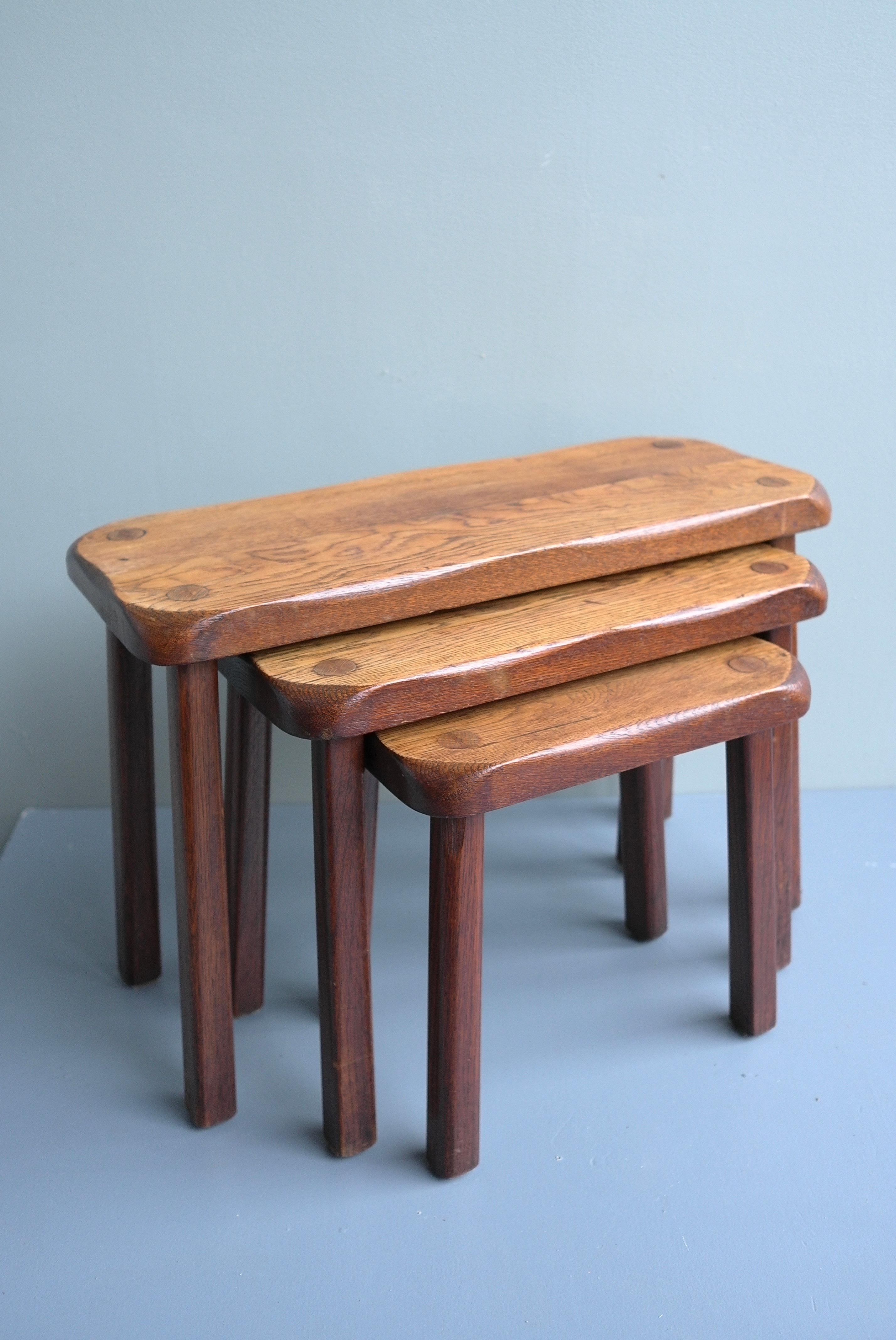 French Mid-Century Modern Solid Oak Nesting Tables, France 1960's For Sale