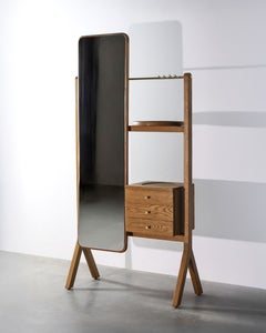 Mid-century modern Solid Oak Vanity Dressing table with Mirror, Brass & storage