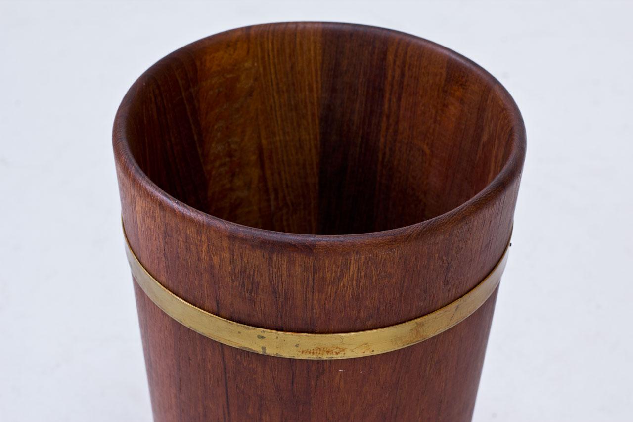 Scandinavian Modern Mid-Century Modern Solid Teak & Brass Umbrella Stand, Sweden, 1950s