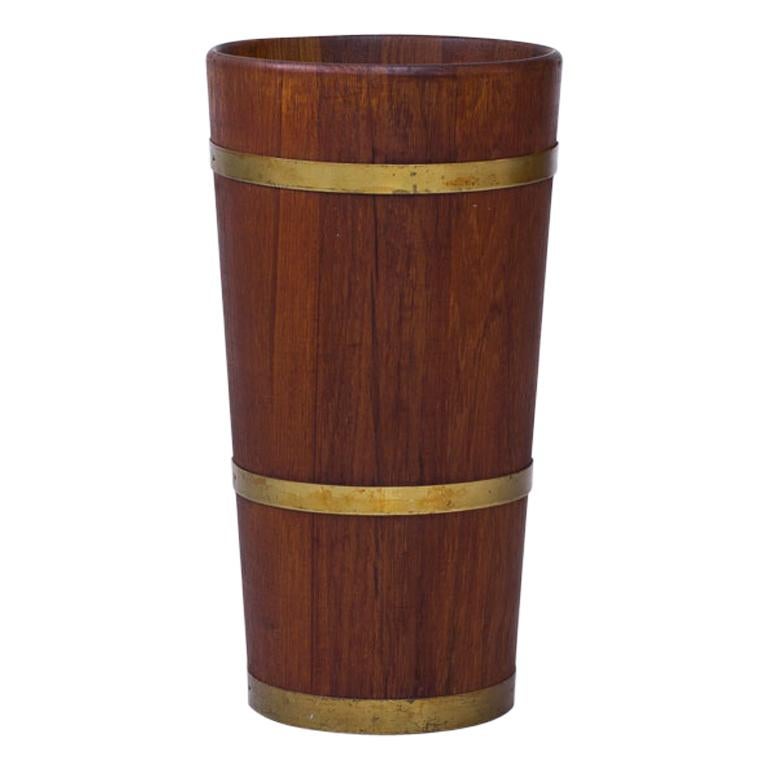 Mid-Century Modern Solid Teak & Brass Umbrella Stand, Sweden, 1950s