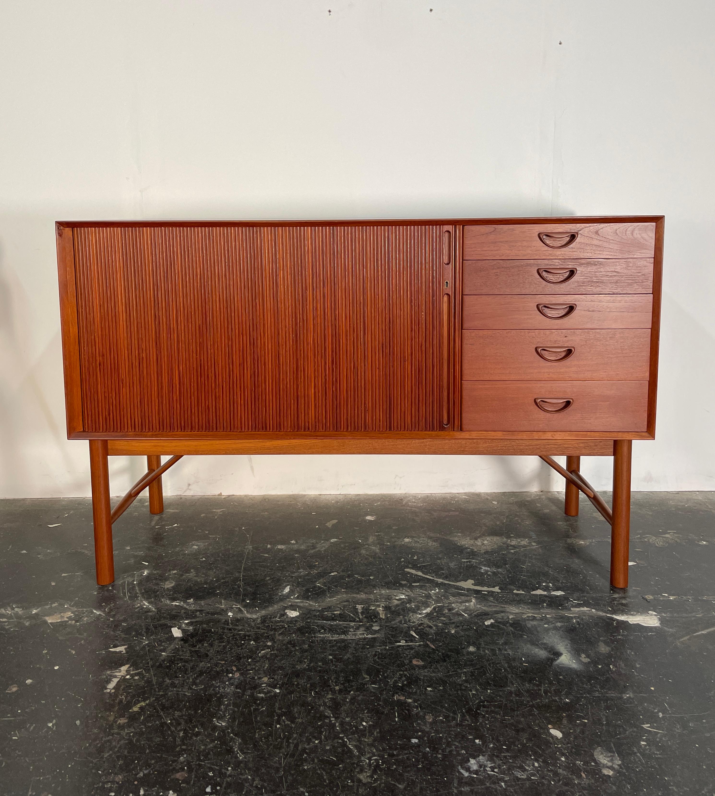 Scandinavian Modern Solid Teak Tambour Credenza by Peter Hvidt and Orla Mølgaard-Nielsen