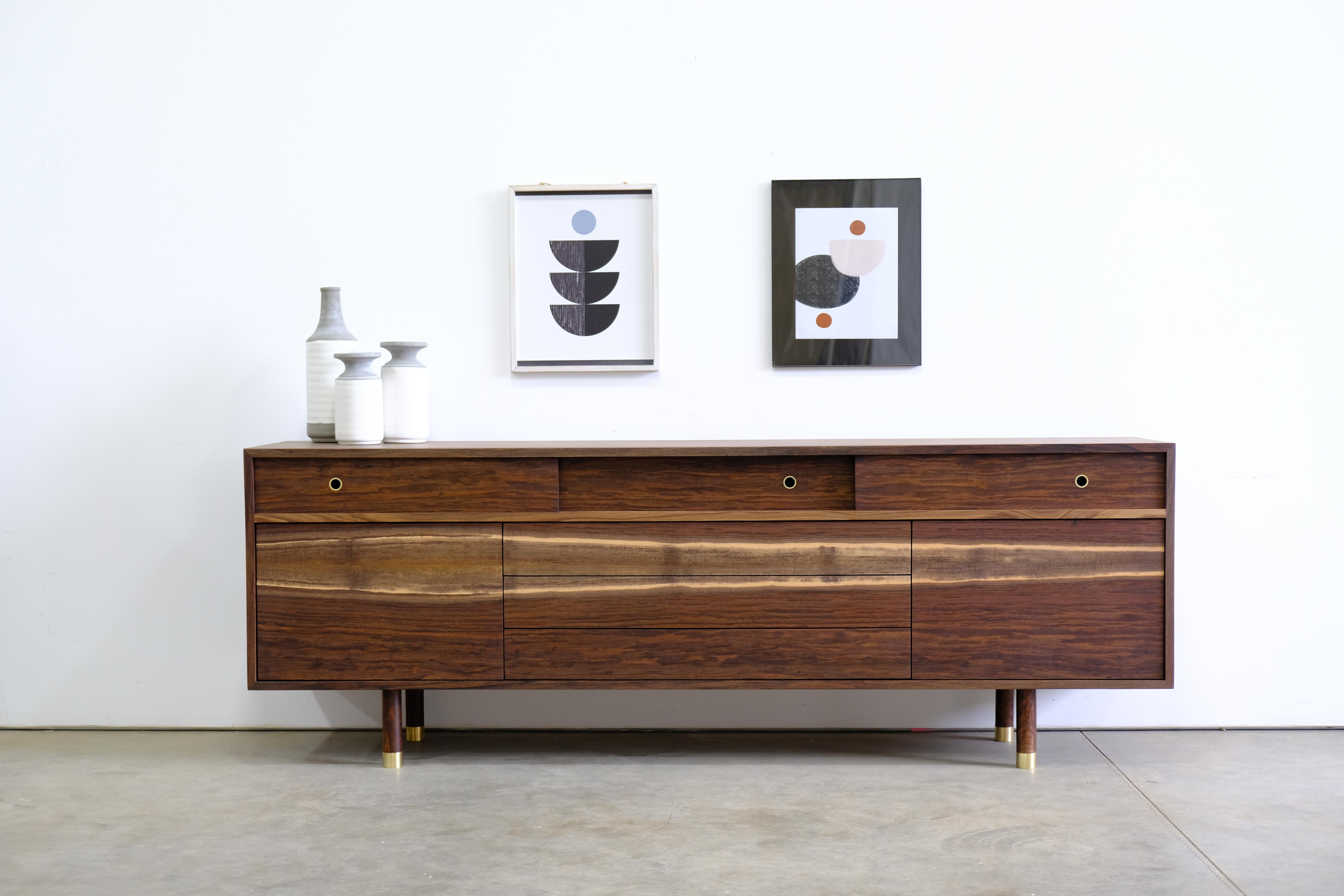 Mid Century Modern Solid Walnut and Brass Credenza Handmade  For Sale 2