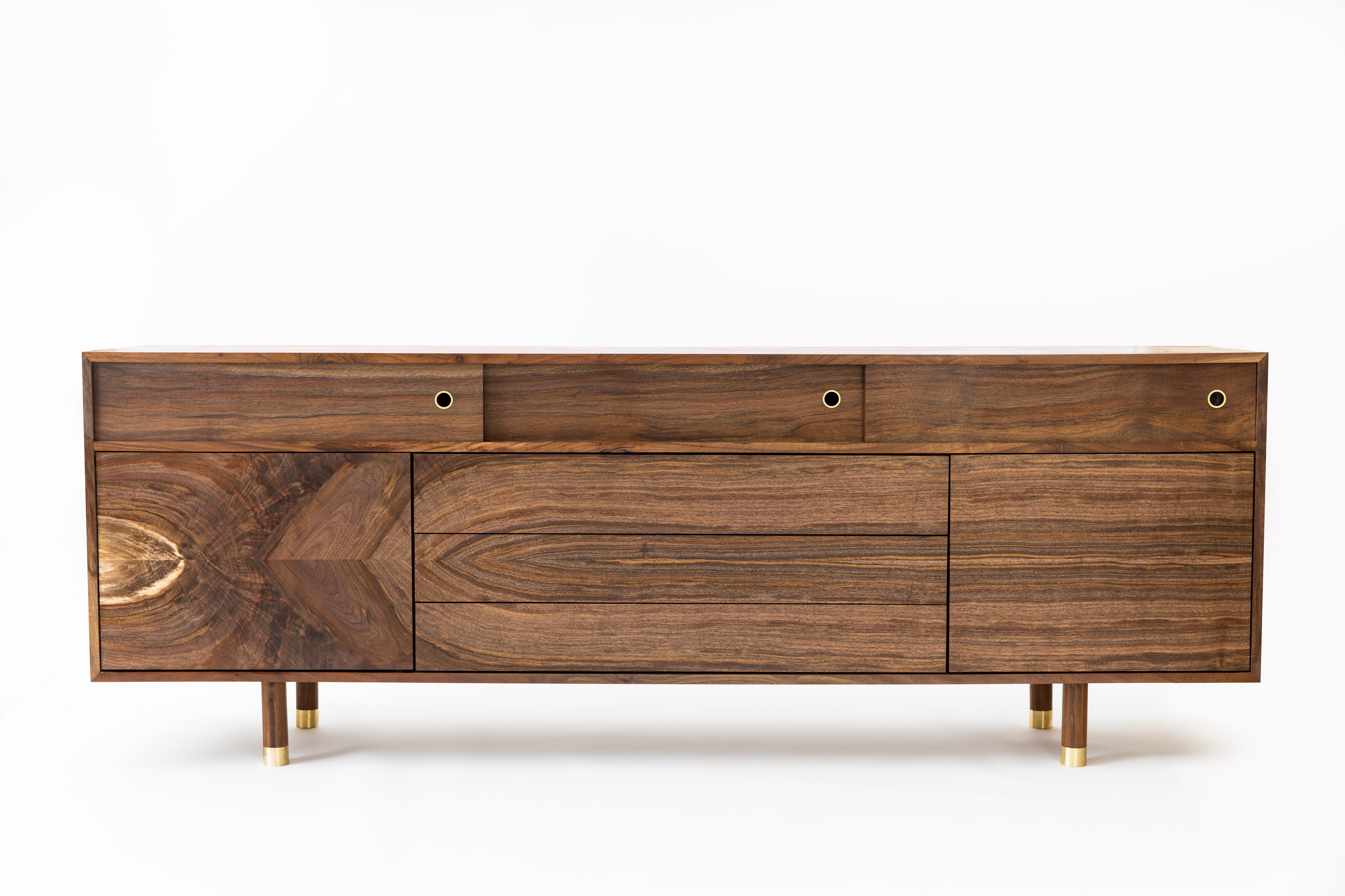 Mid Century Modern Solid Walnut and Brass Credenza Handmade  For Sale 3