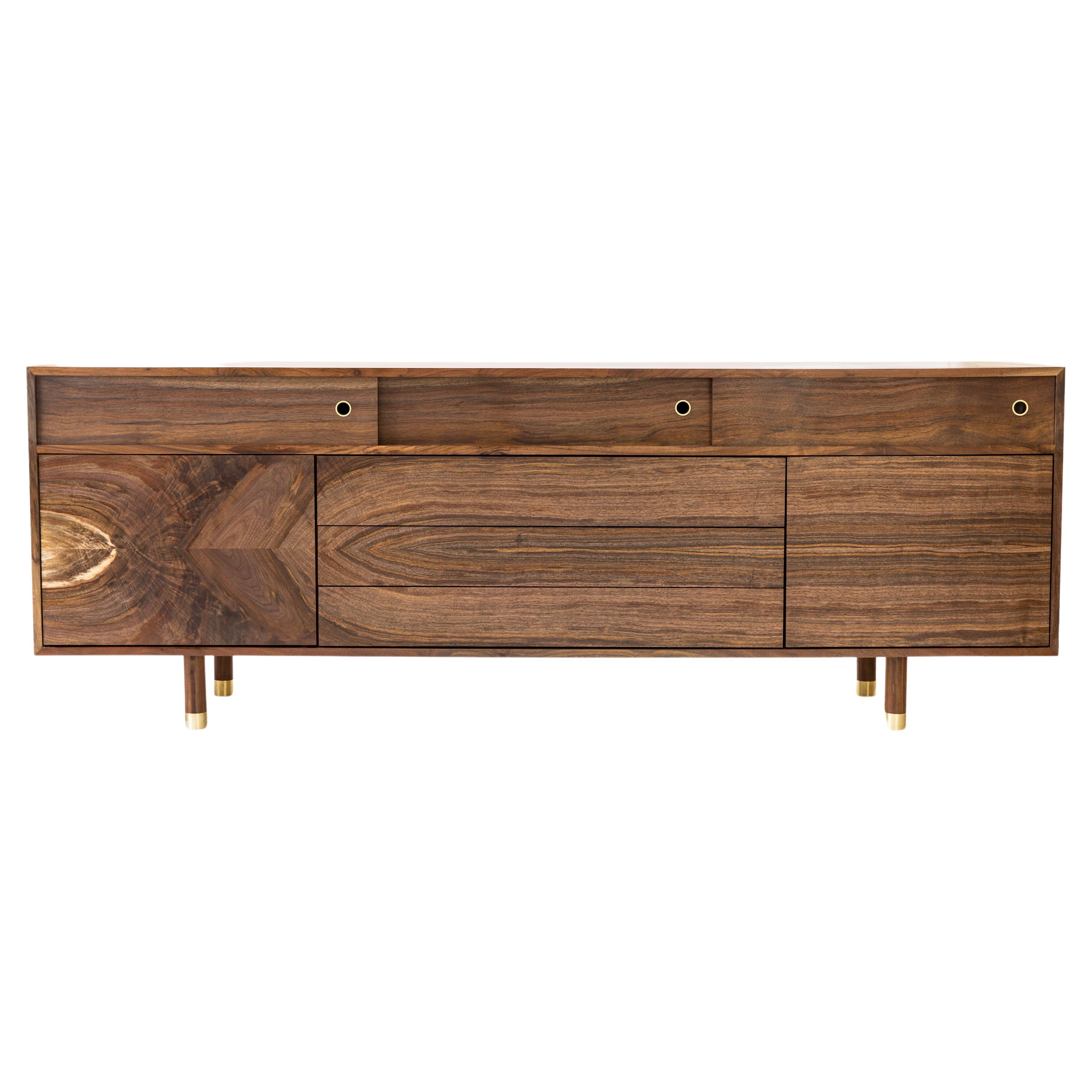 Mid Century Modern Solid Walnut and Brass Credenza Handmade  For Sale