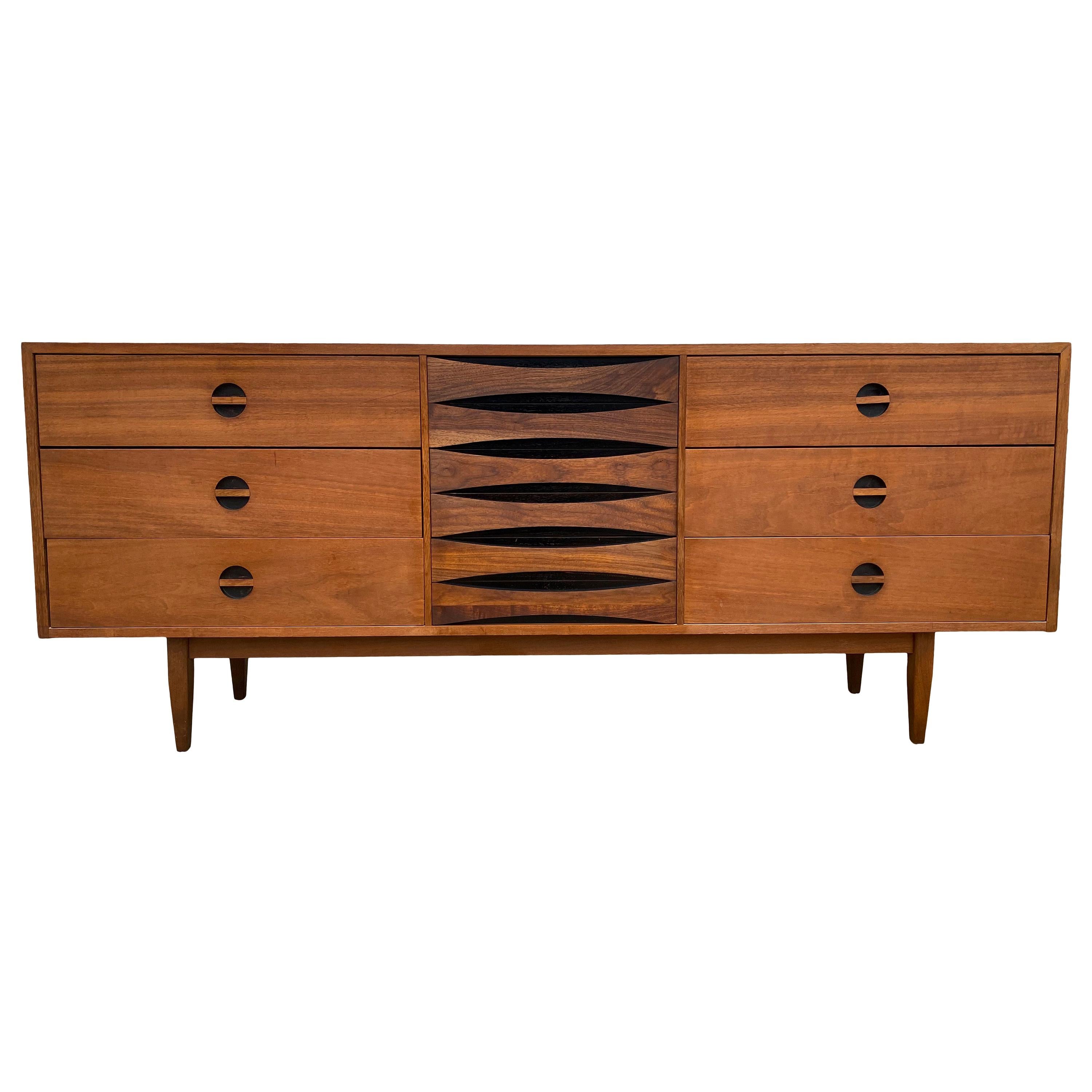 Mid-Century Modern Solid Walnut Long Credenza Dresser Style of Arne Vodder