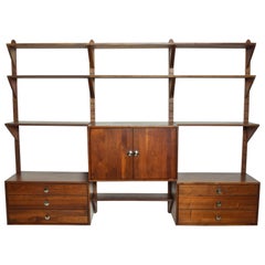 Mid-Century Modern Solid Walnut Wood 3 Bay Wall Unit