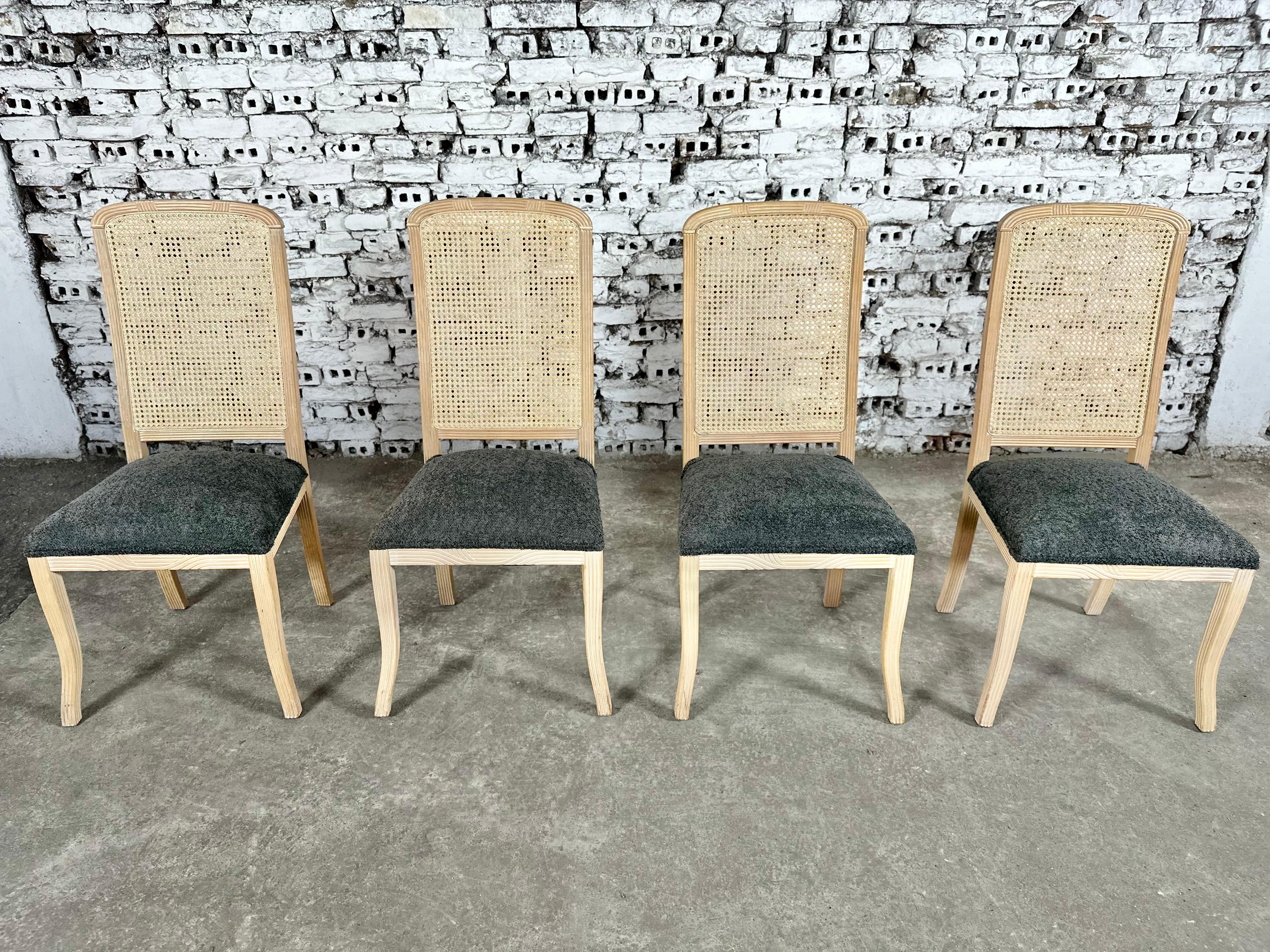 French Mid-Century Modern Solid Wood and Cane Dining Chairs - Set of 4 For Sale