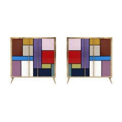 Mid-Century Modern Sideboards, Solid Wood & Colored Glass, Italy, 1950s