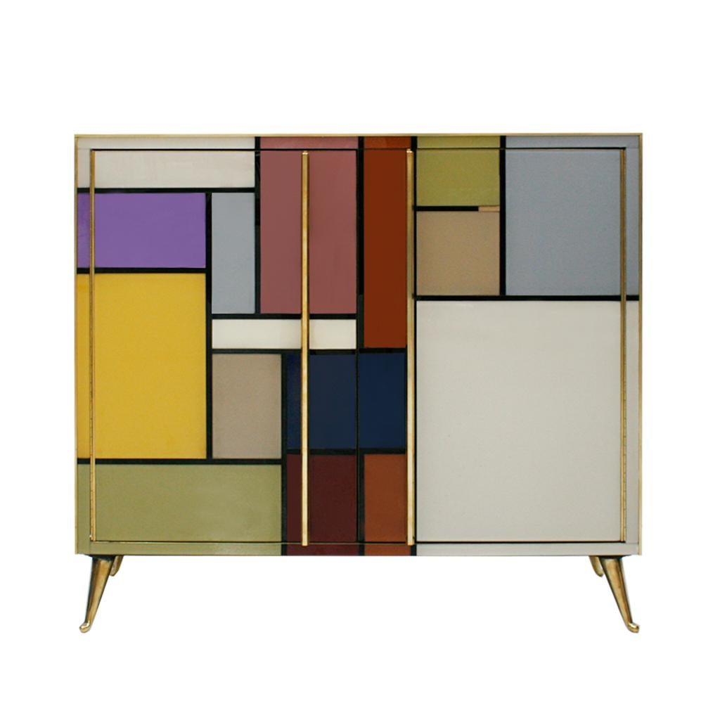 Mid-Century Modern Solid Wood and Colored Glass Italian Pair of Sideboards In Good Condition For Sale In Madrid, ES