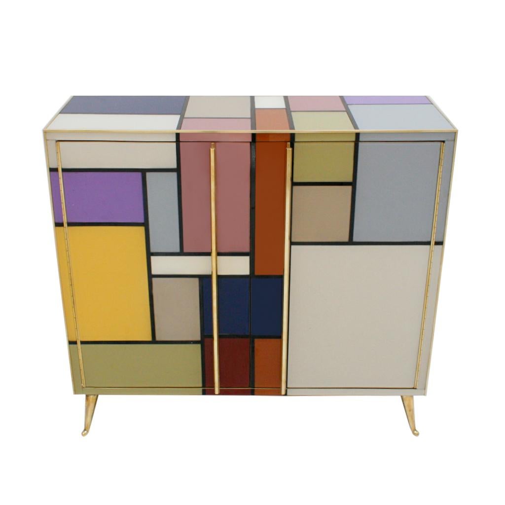 Mid-20th Century Mid-Century Modern Solid Wood and Colored Glass Italian Pair of Sideboards For Sale