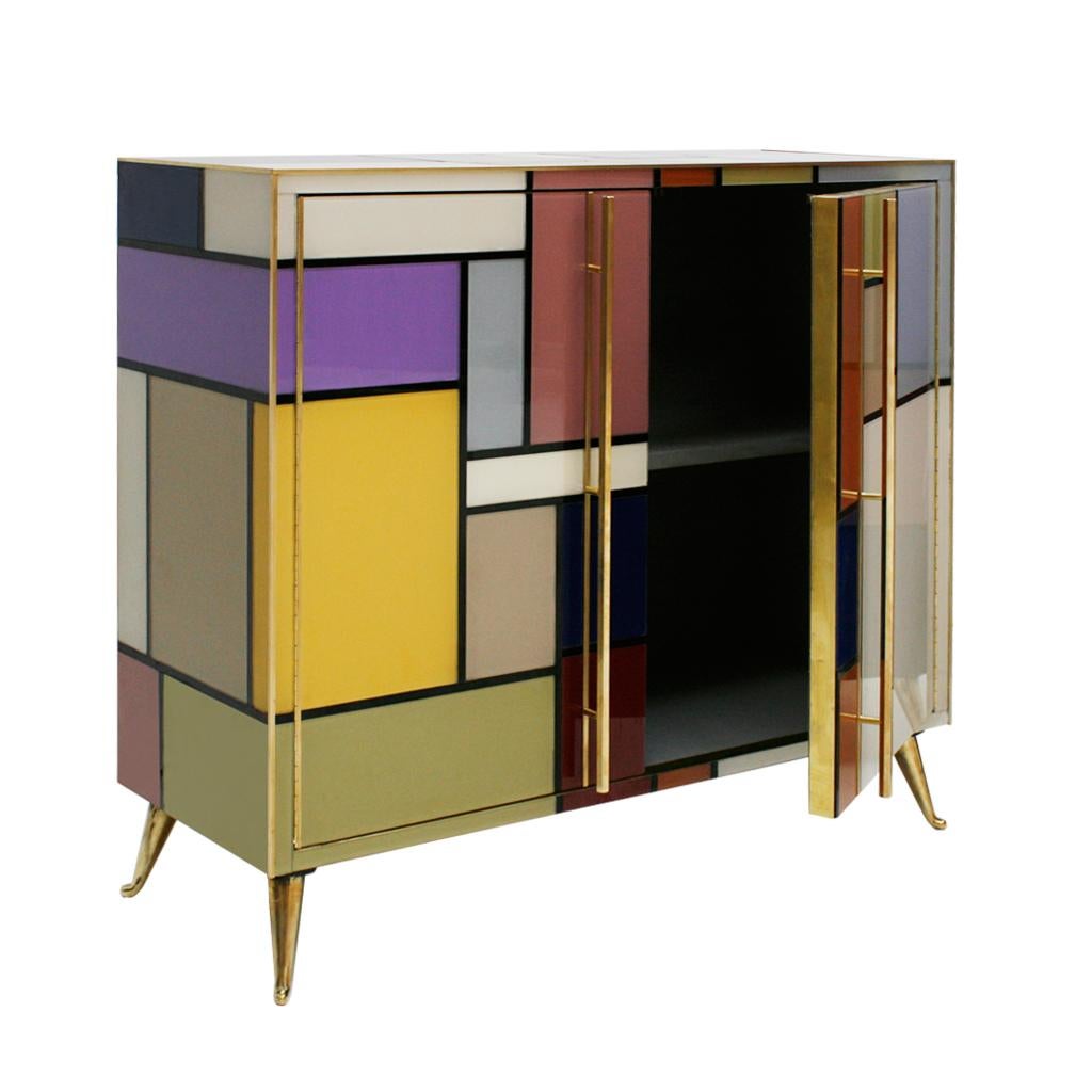 Brass Mid-Century Modern Solid Wood and Colored Glass Italian Pair of Sideboards For Sale