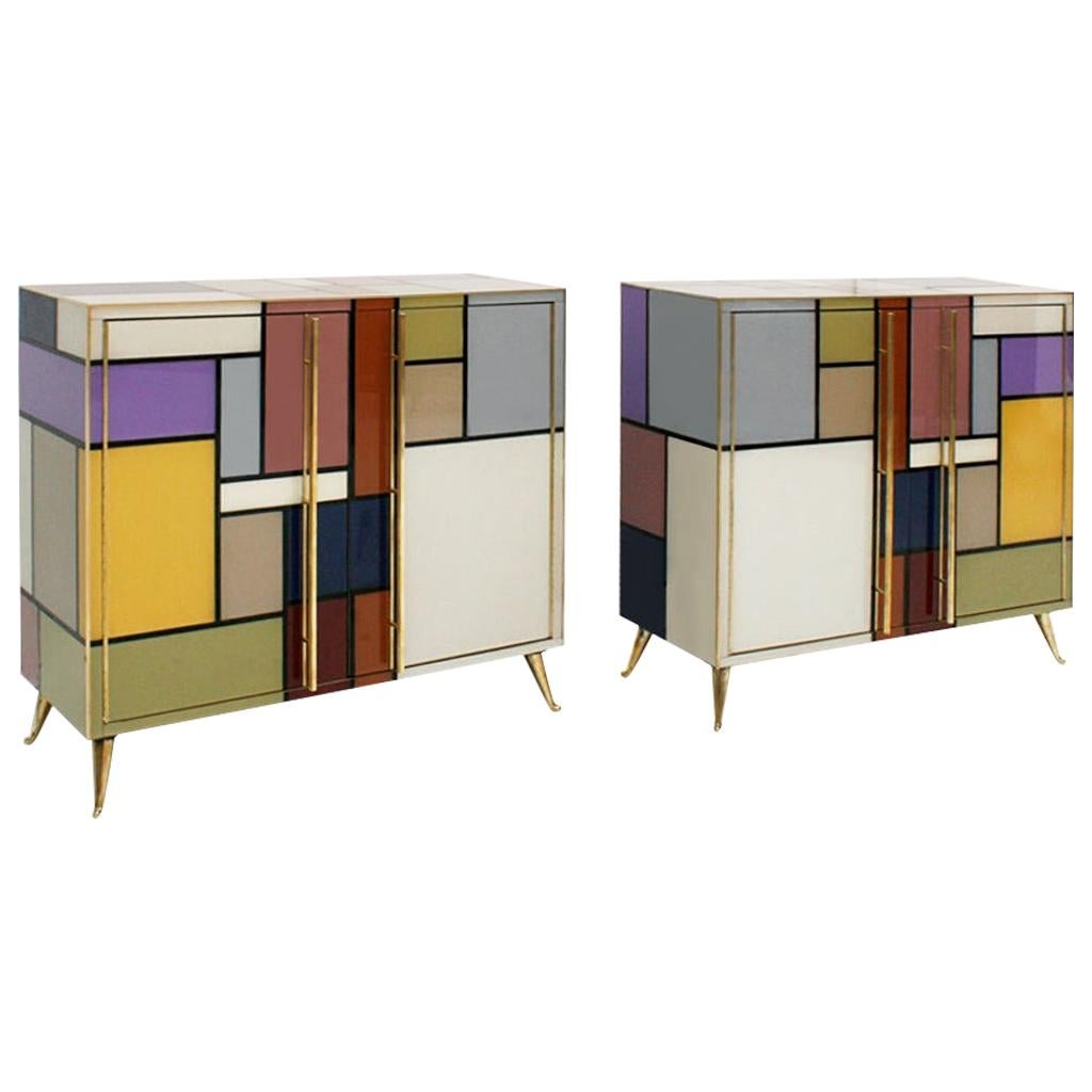 Mid-Century Modern Solid Wood and Colored Glass Italian Pair of Sideboards For Sale