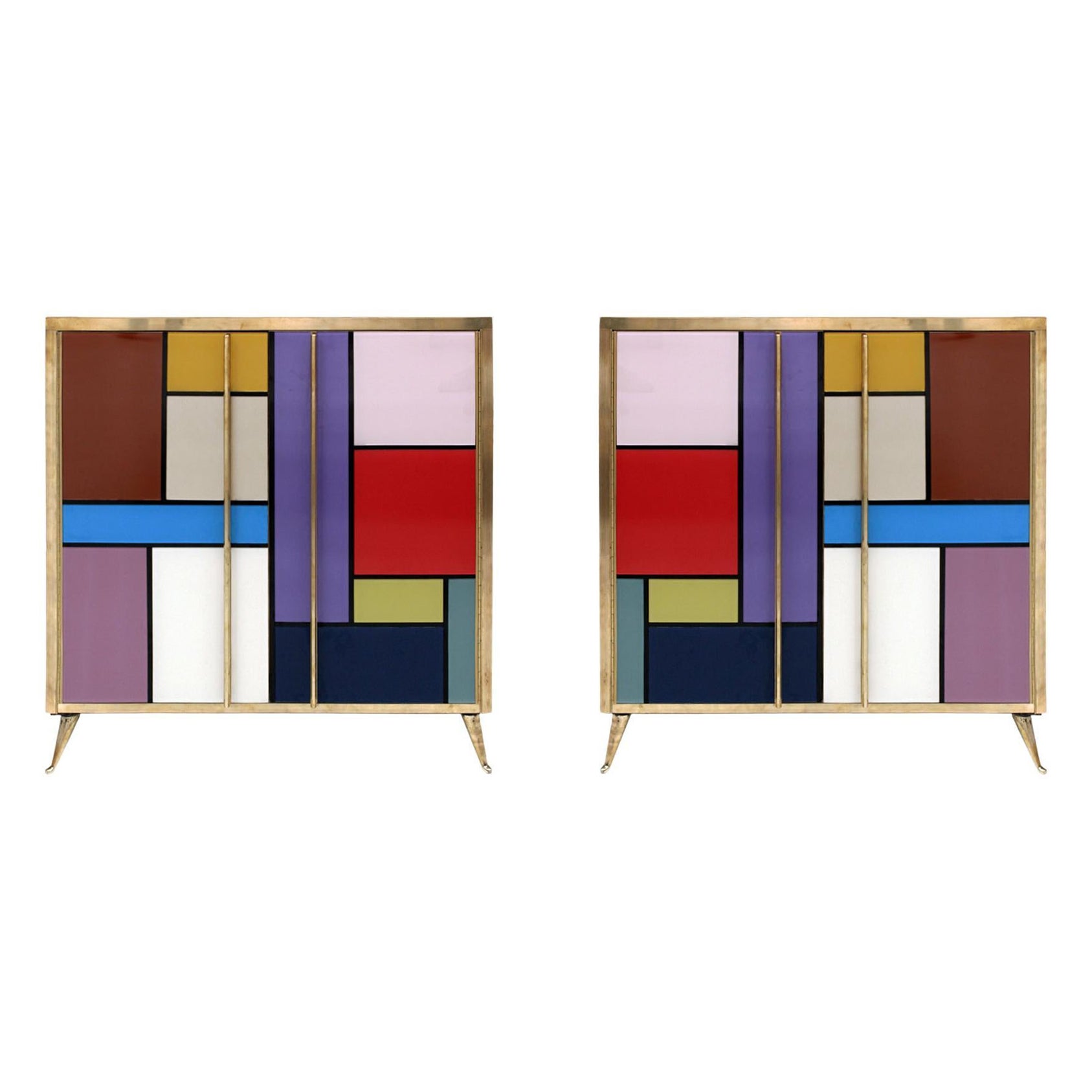 Mid-Century Modern Solid Wood and Colored Glass Italian Pair of Sideboards