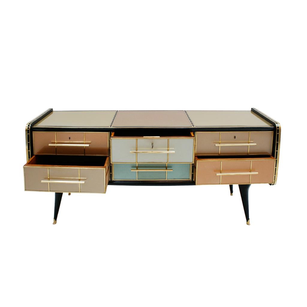 Mid-Century Modern Solid Wood and Colored Glass Italian Sideboard 5