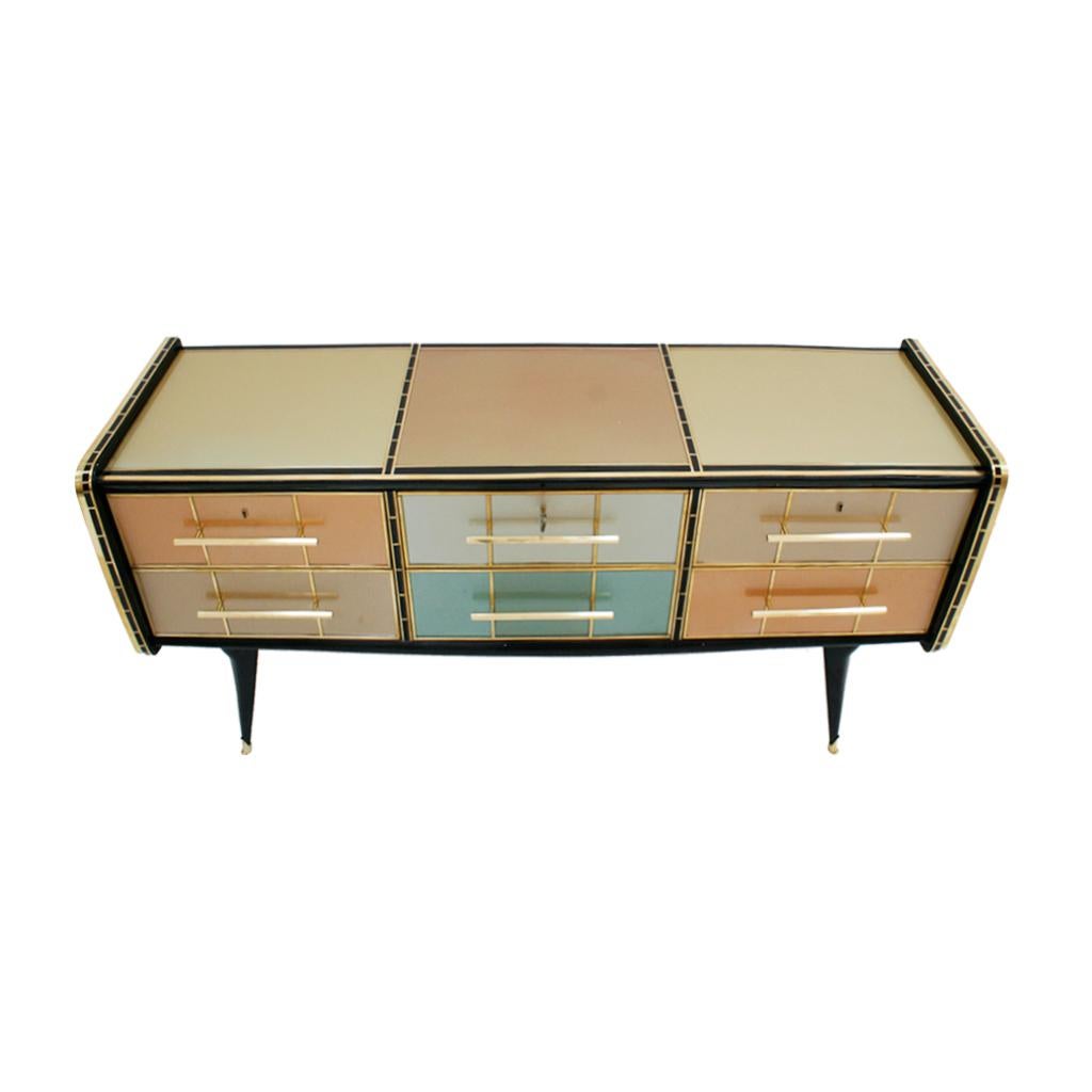 Mid-Century Modern Solid Wood and Colored Glass Italian Sideboard 6