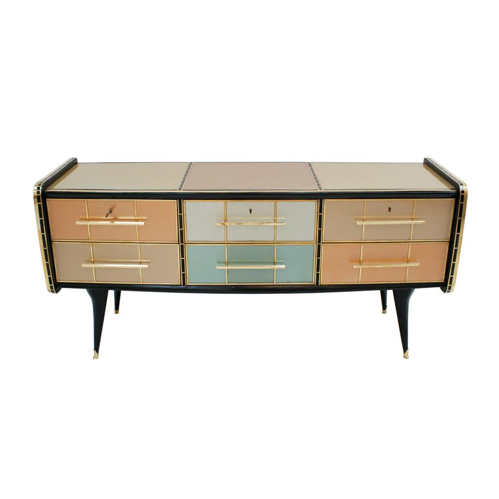 Mid-Century Modern Solid Wood and Colored Glass Italian Sideboard 7