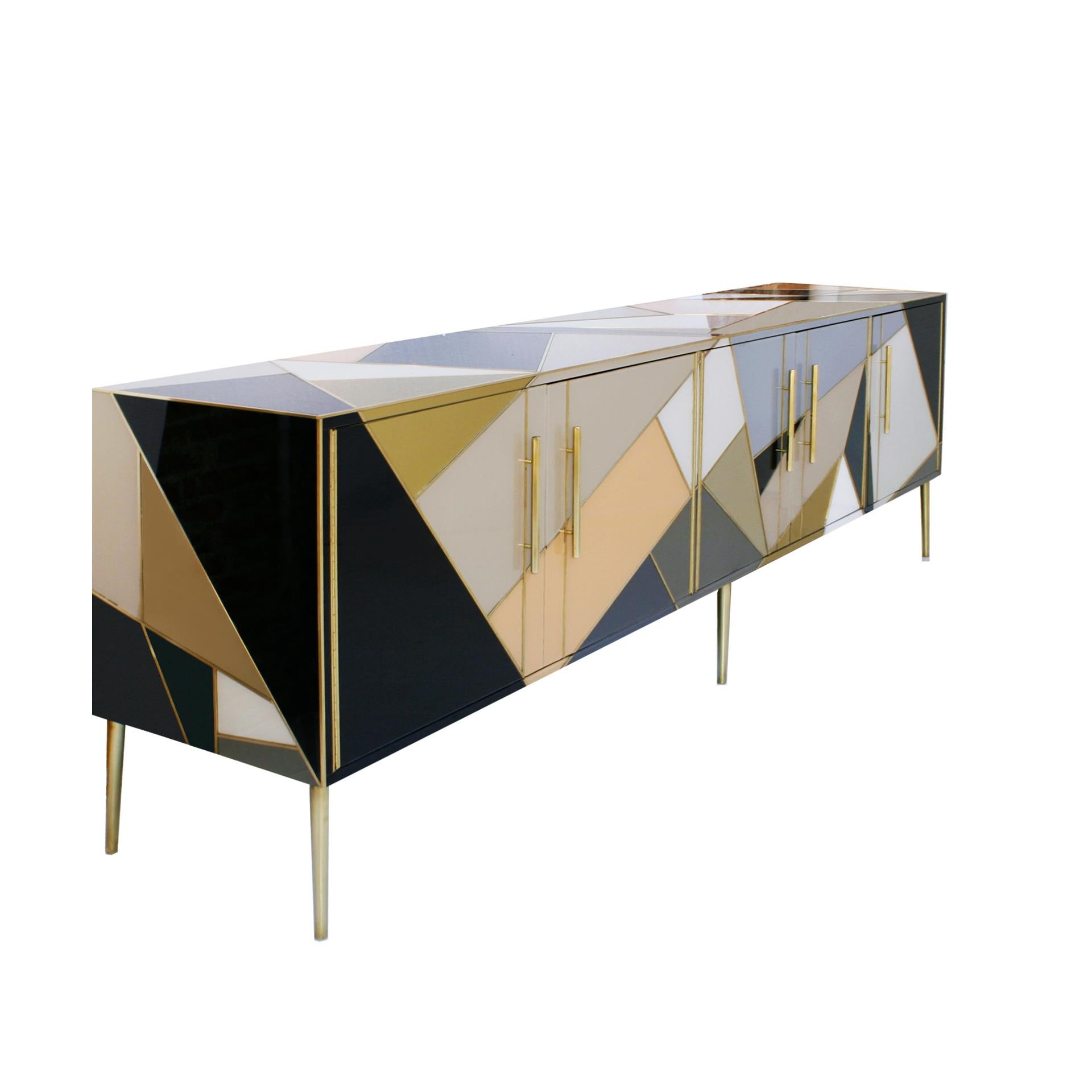 Italian sideboard made of solid wood structure from the 1950s covered in Murano colored glass. Composed of five drawers with brass handles and legs.