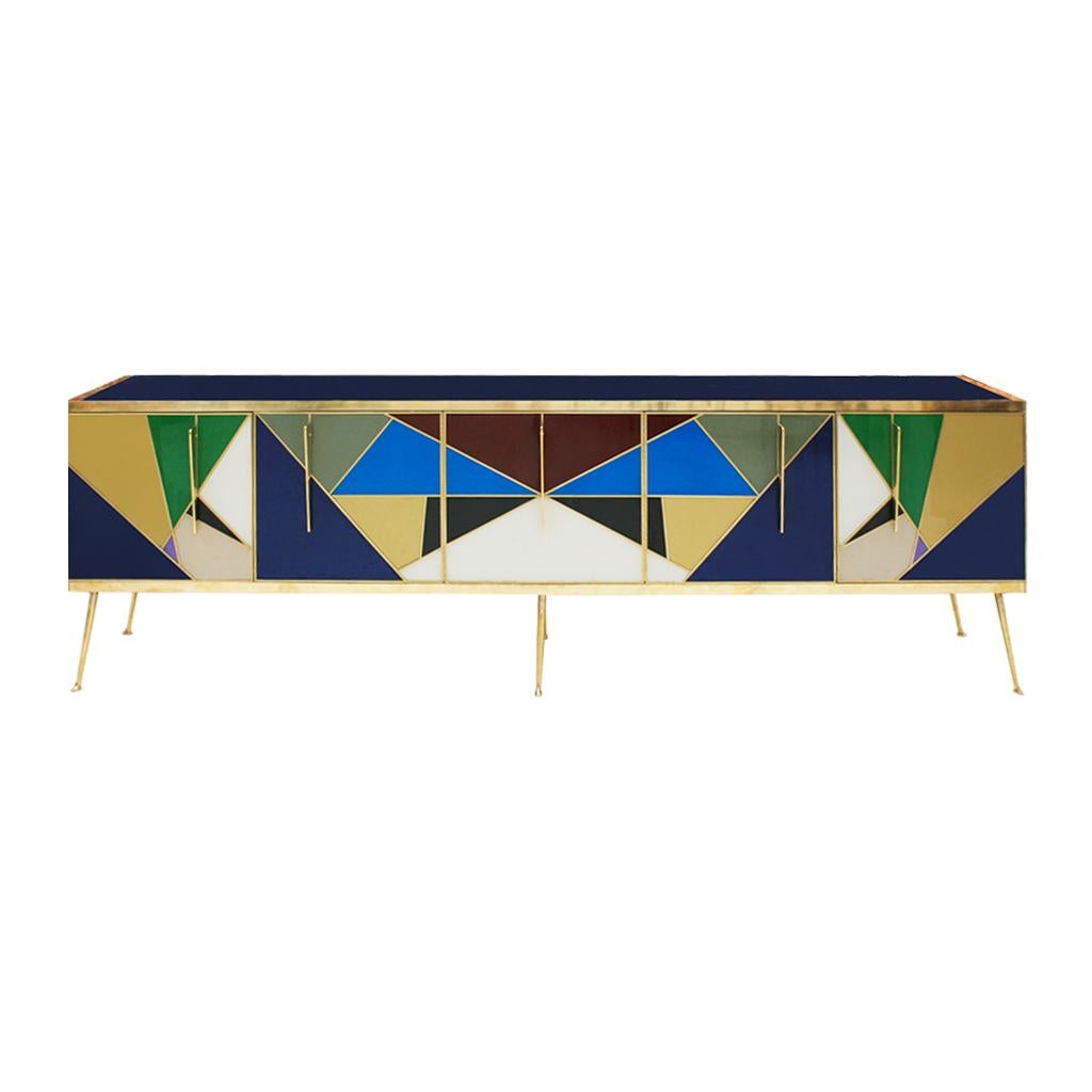 Italian sideboard made of solid wood structure from the 1950s covered in Murano colored glass. Composed of six drawers with brass handles and legs.