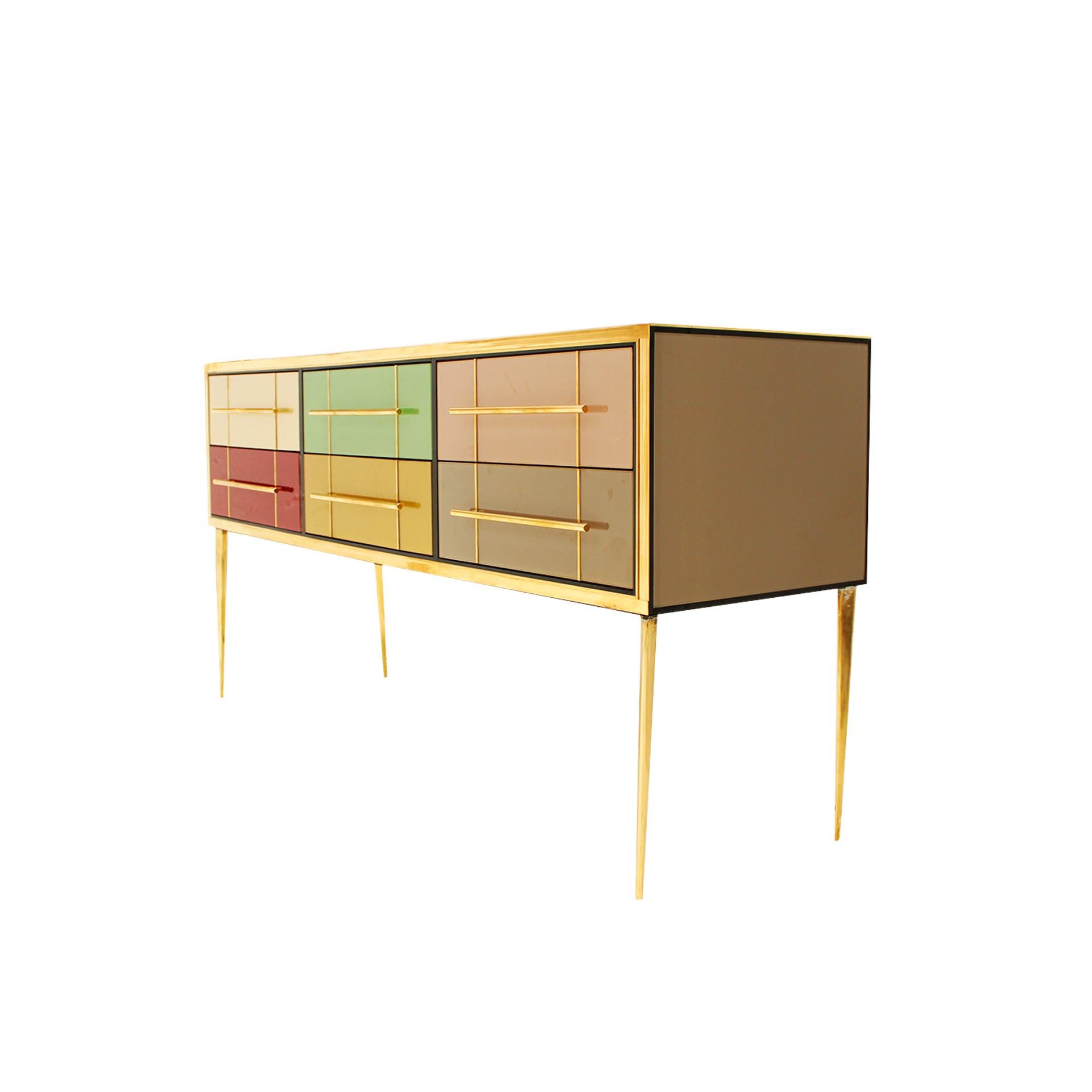 Sideborad comoposed of 6 drawers with original 1950s solid wood sturcture covered in colored glass. Handles, profiles and legs made of brass. Italy.

Production can last between 5 and 6 weeks.

Our main target is customer satisfaction, so we include