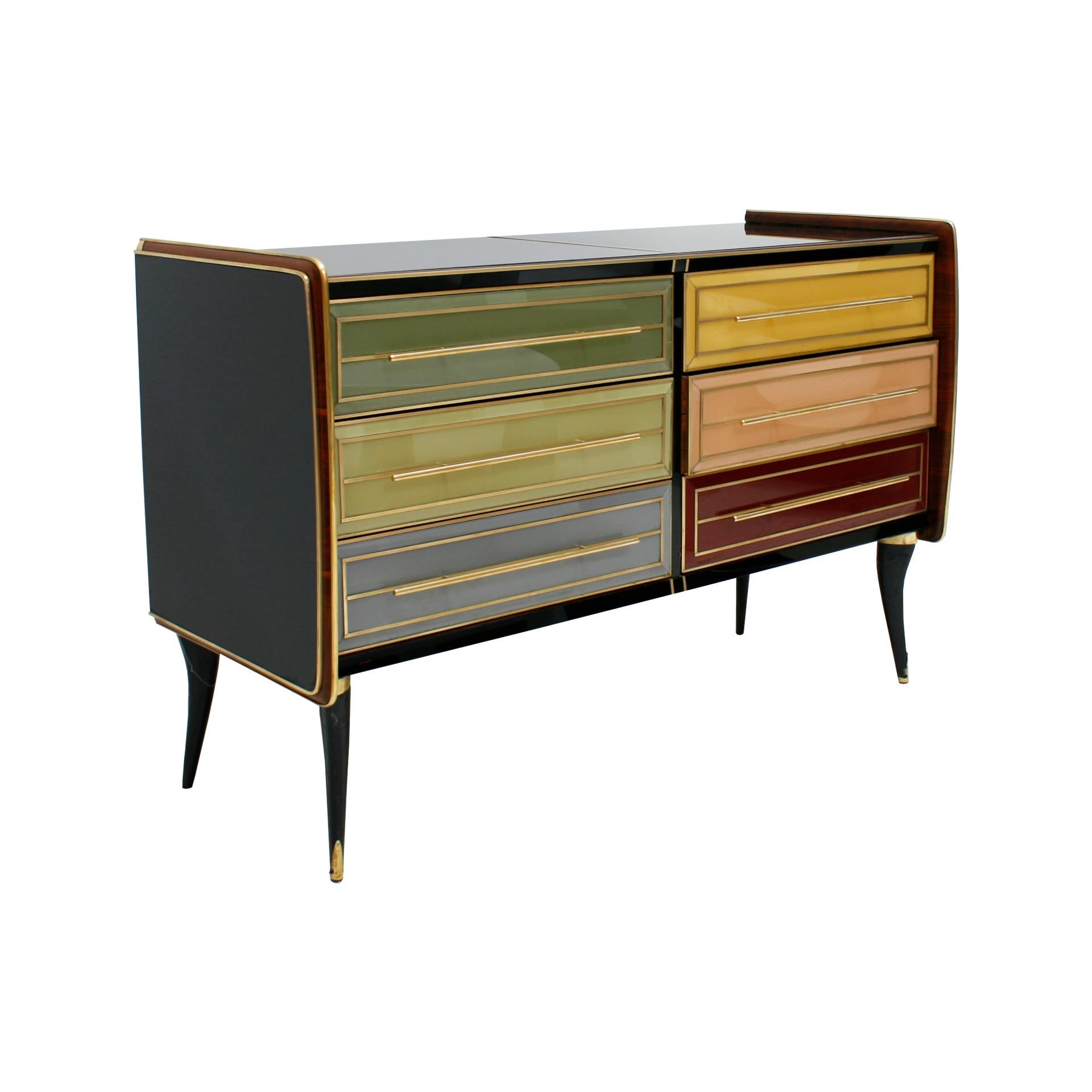 Modernes italienisches Sideboard aus Massivholz und farbigem Glas aus der Mitte des Jahrhunderts (Moderne der Mitte des Jahrhunderts) im Angebot