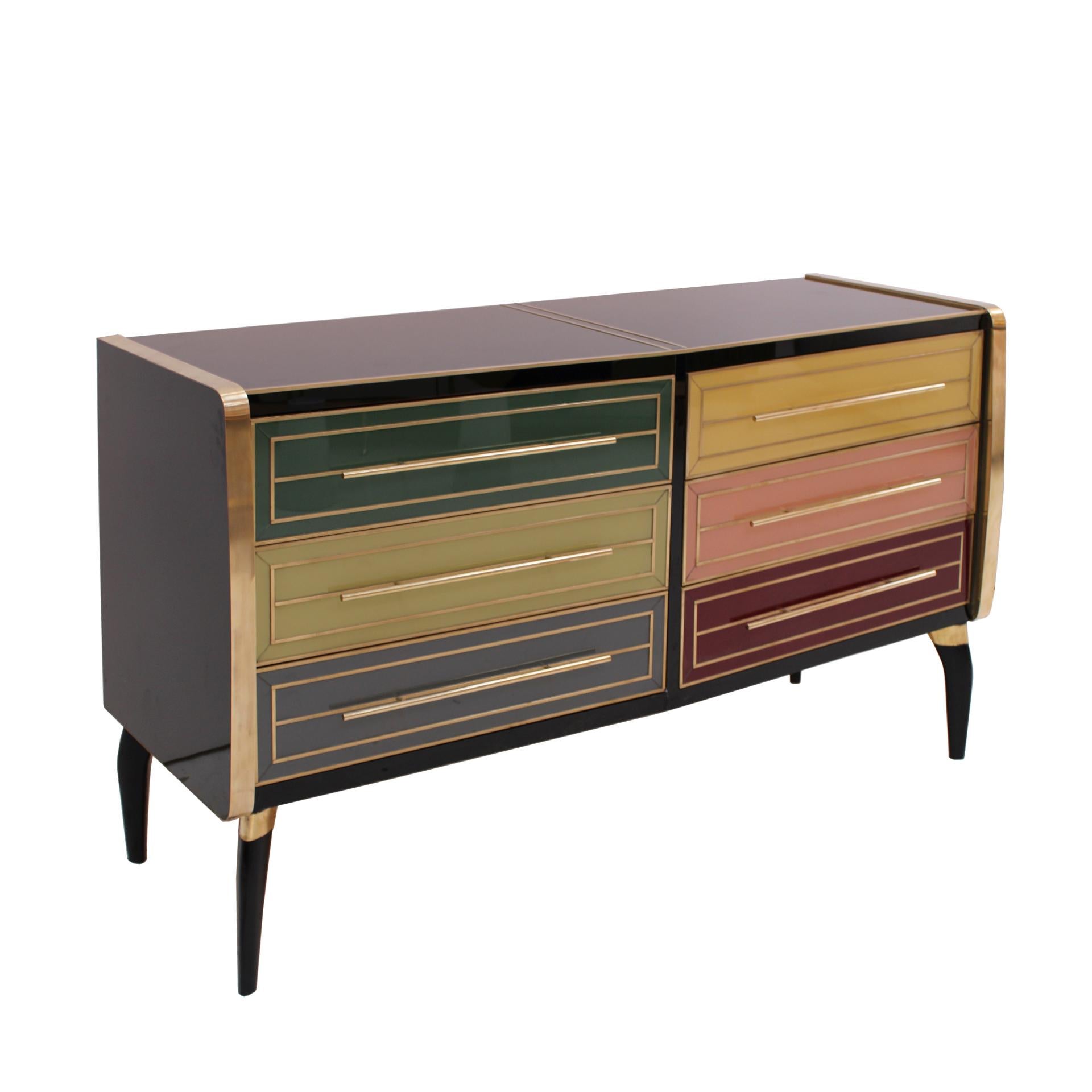 Hand-Crafted Mid-Century Modern Solid Wood and Colored Glass Italian Sideboard For Sale