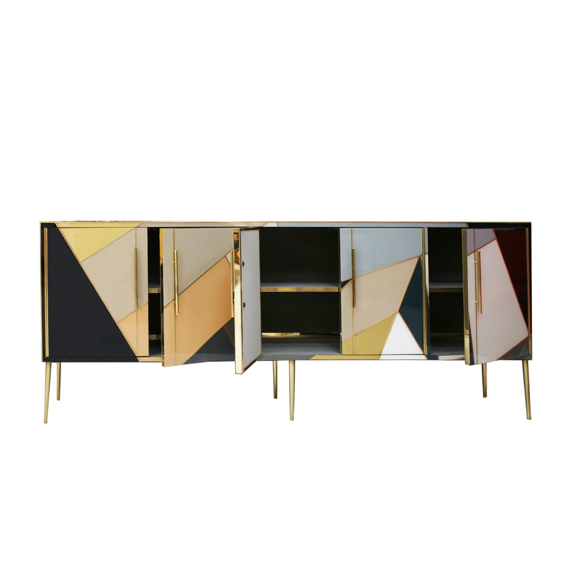 Mid-Century Modern Style Solid Wood and Colored Glass Italian Sideboard In Good Condition In Madrid, ES