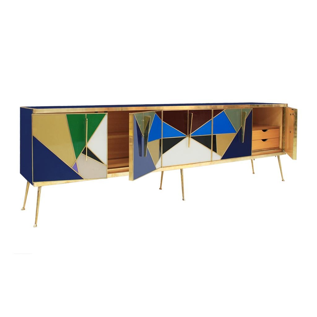 Mid-Century Modern Solid Wood and Colored Glass Italian Sideboard In Good Condition In Madrid, ES