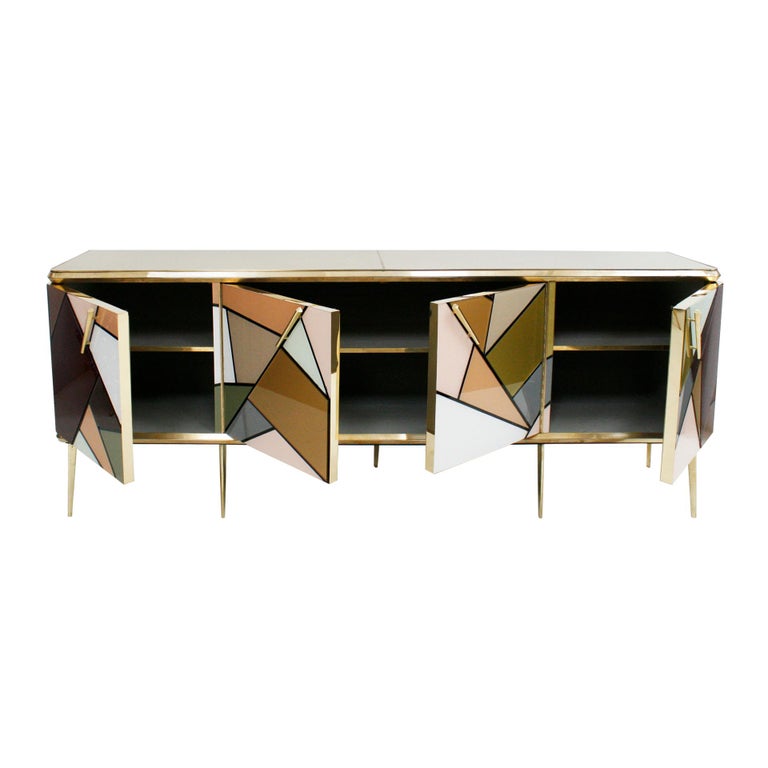 Mid-Century Modern Solid Wood and Colored Glass Italian Sideboard In Good Condition For Sale In Madrid, ES