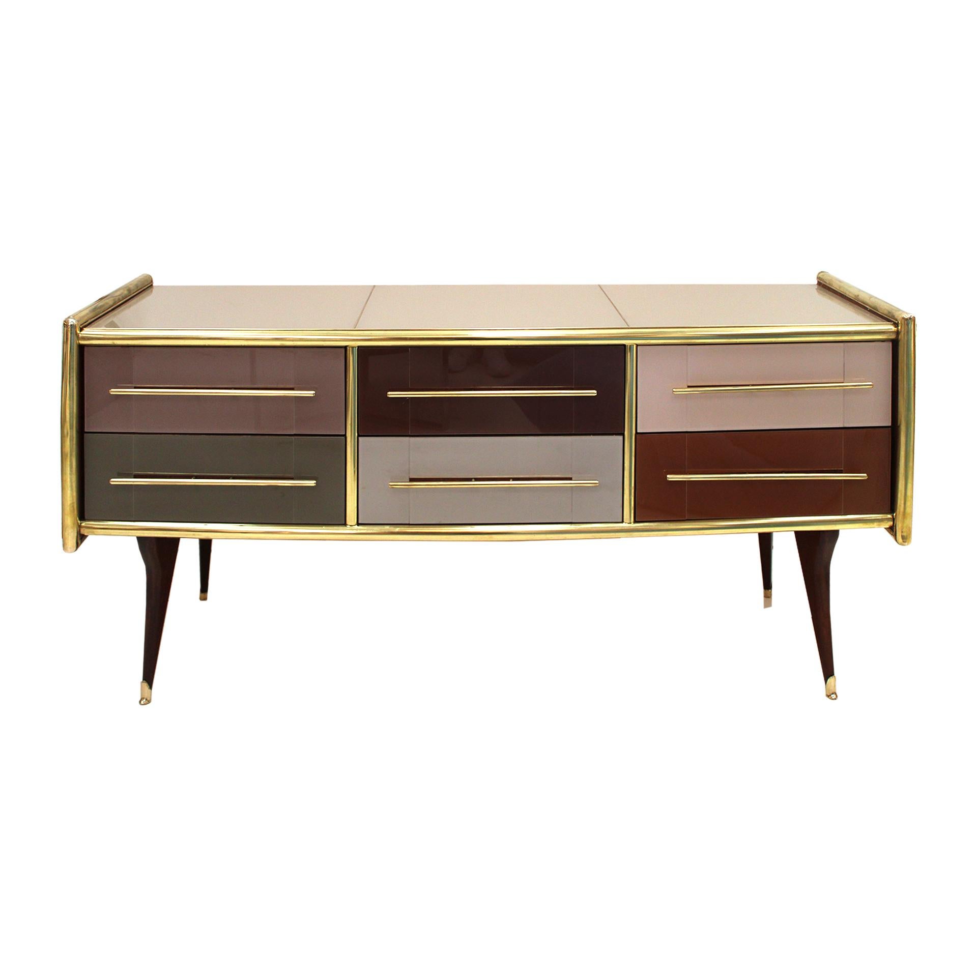 Mid-Century Modern Solid Wood and Colored Glass Italian Sideboard In Good Condition In Madrid, ES