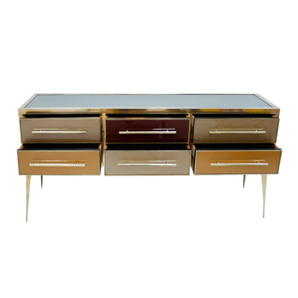 Mid-Century Modern Solid Wood and Colored Glass Italian Sideboard In Good Condition For Sale In Madrid, ES